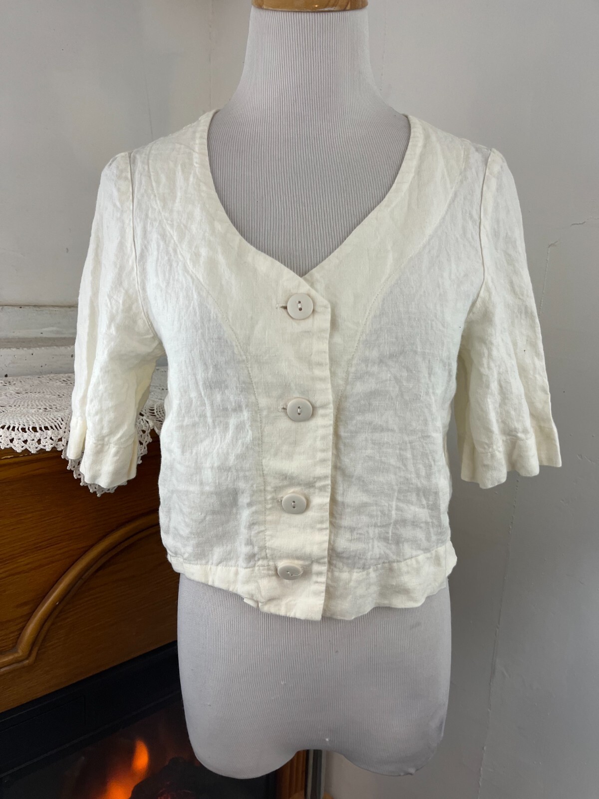 Eve Gravel Linen Boxy Button Up Crop White Top ~ XS