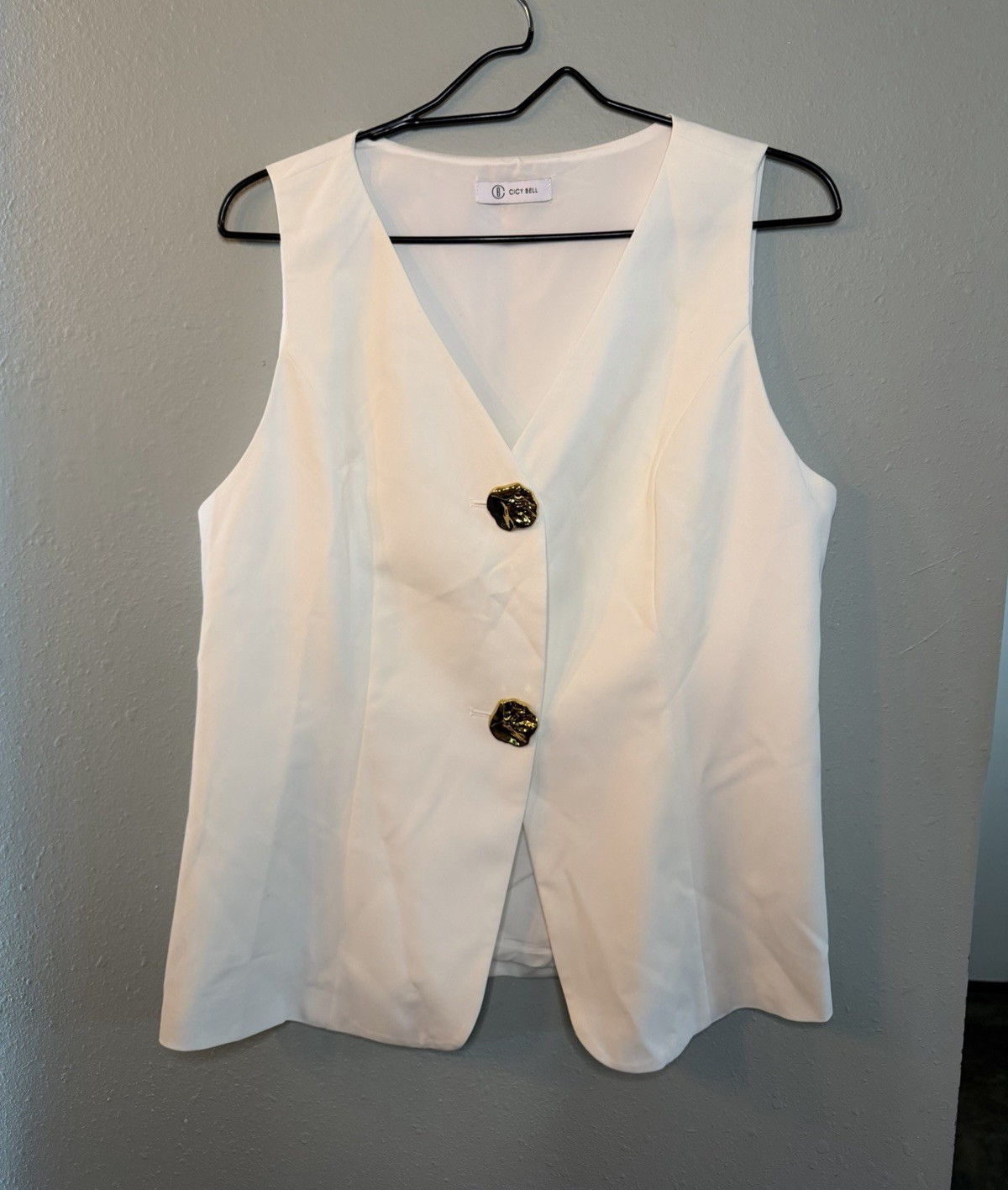 Cicy Bell Women’s White Sleeveless Blazer Vest Gold Button Tailored Waistcoat
