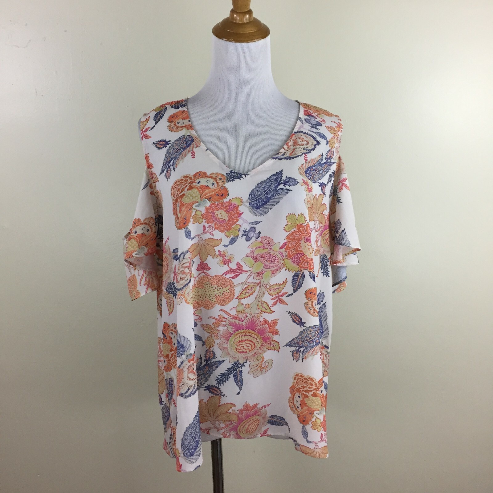 ANTIBES BLANC Womens sz Large White Multi-Color Cold Shoulder Floral Print Shirt