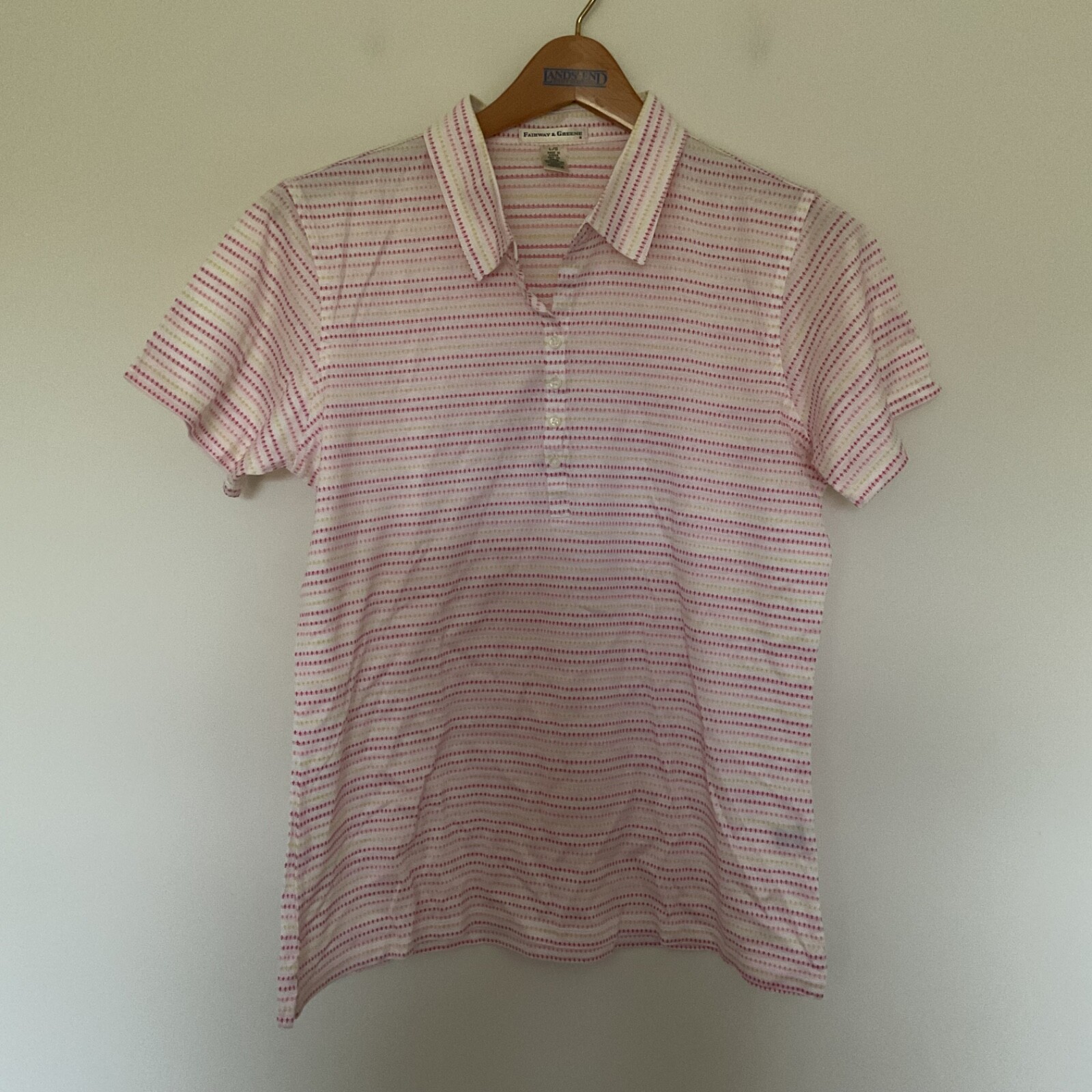 Fairway & Greene Golf Polo Shirt Womens Sz L Pink White Yellow Mercerized Cotton