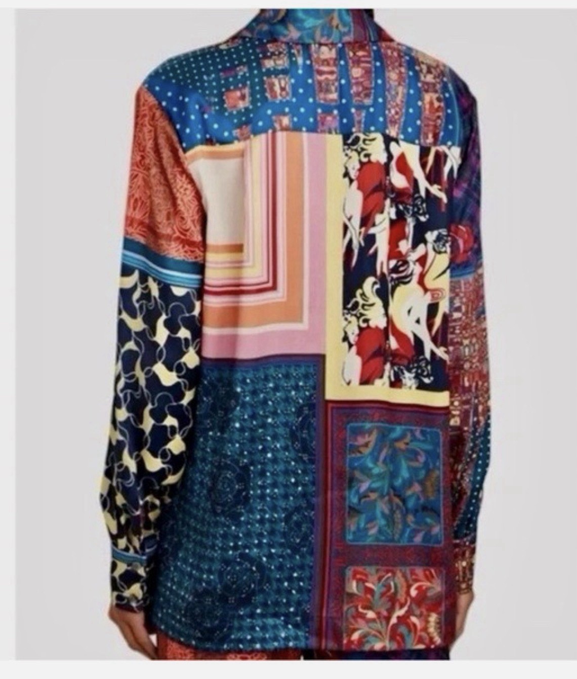 STAUD Martha Patchwork Satin Twill Tunic Button Blouse Multi Color Print Top L