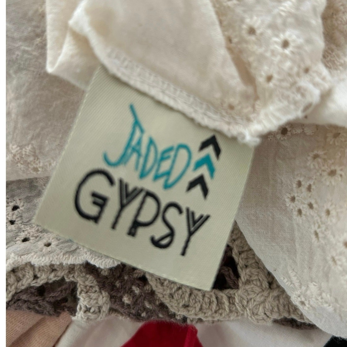 Jaded Gypsy OS Crochet Lace Tank Top Boho Eyelet Cotton Babydoll Ivory Brown