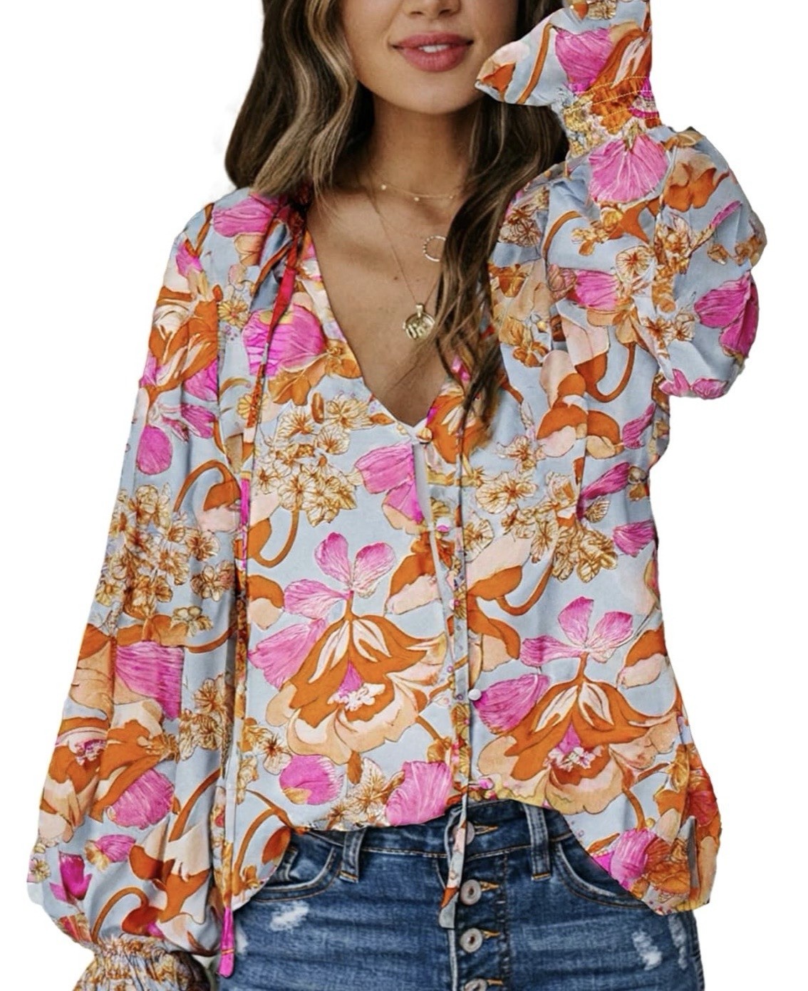 Floral V Neck Ruffled Long Sleeve Top