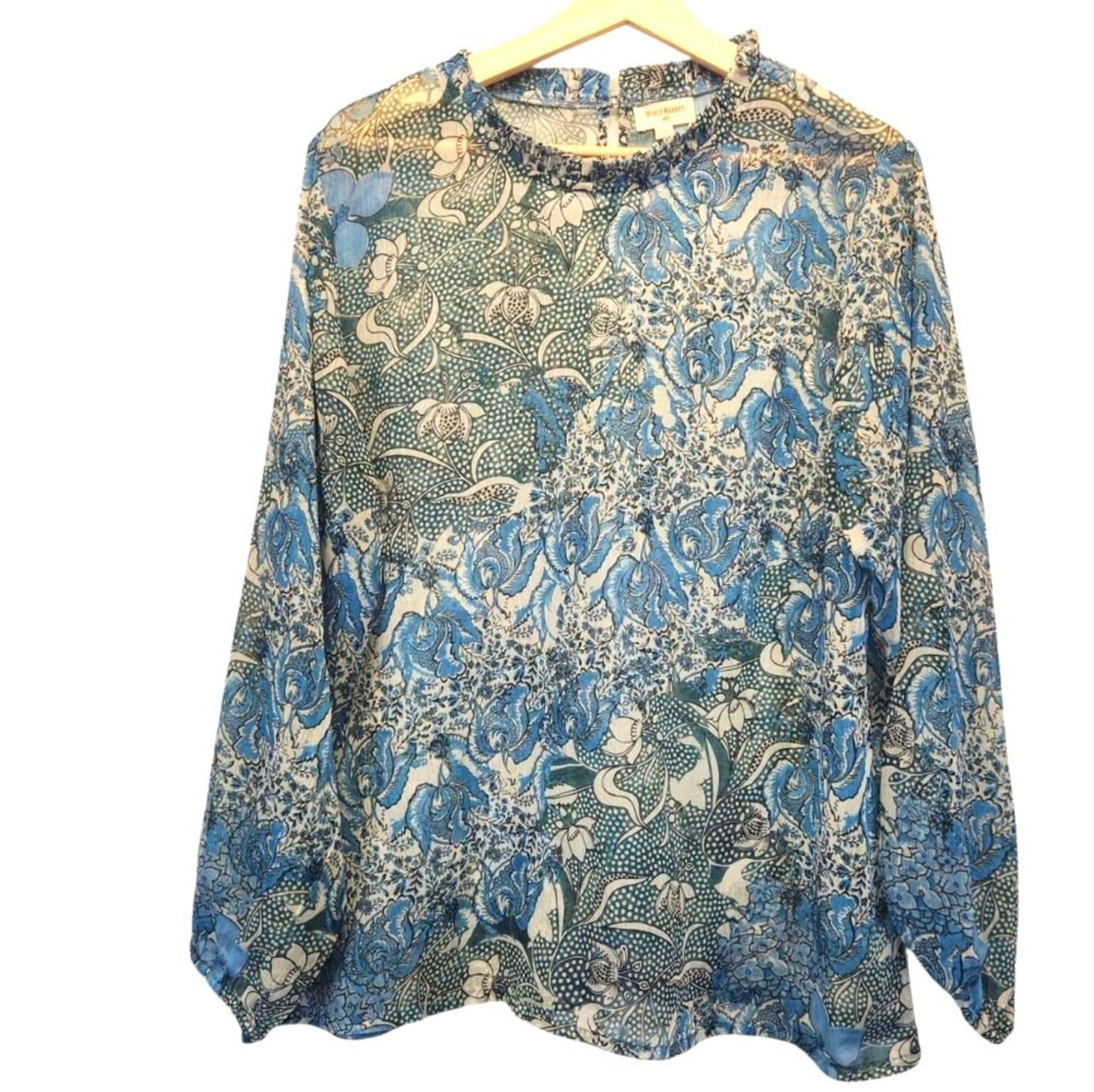 World Market Semi Sheer Floral Ruffle Mock Neck Floral Top L/XL
