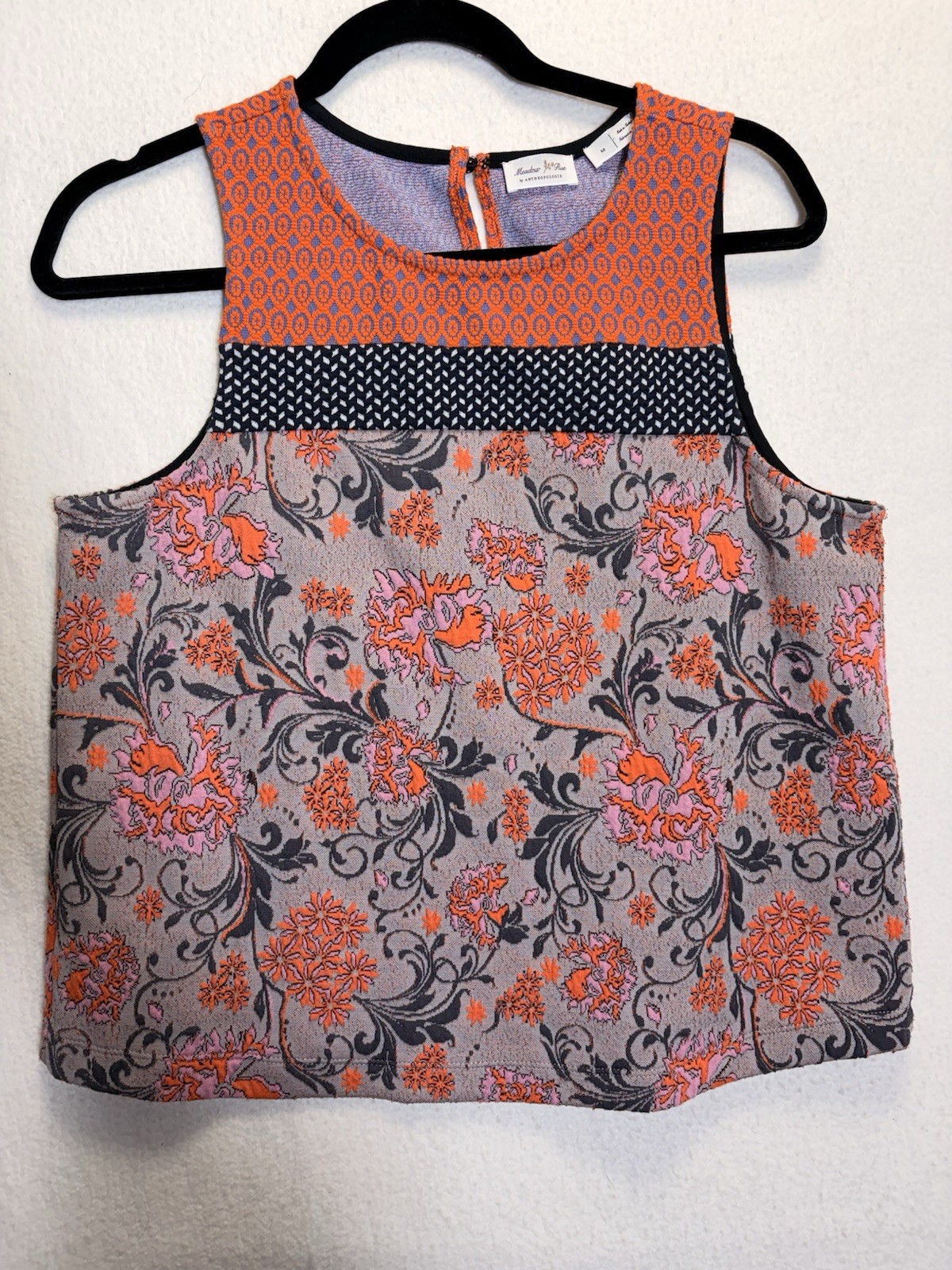 Meadow Rue by Anthropologie Poppy Jacquard Tank Top Grey Orange Floral Sz M