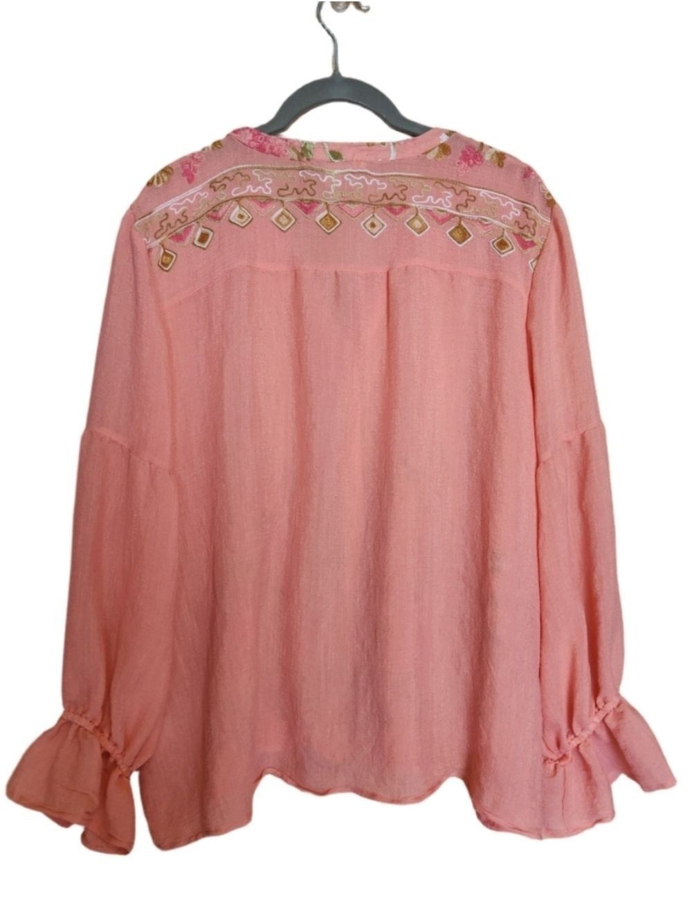 1087 -Hope Springs Coral Floral Embroidered Blouse Rayon Boho Vintage -NEW – Med
