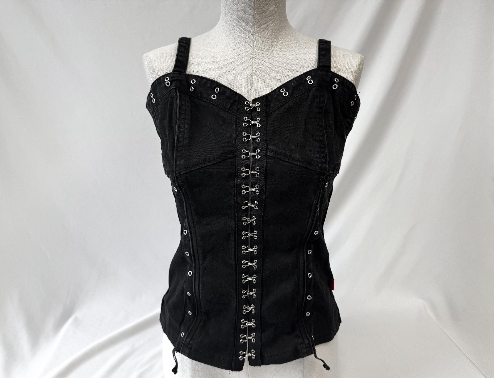 90s Tripp NYC Black Denim Hook Eye Garter Grommet Corset Tank Top Womens S