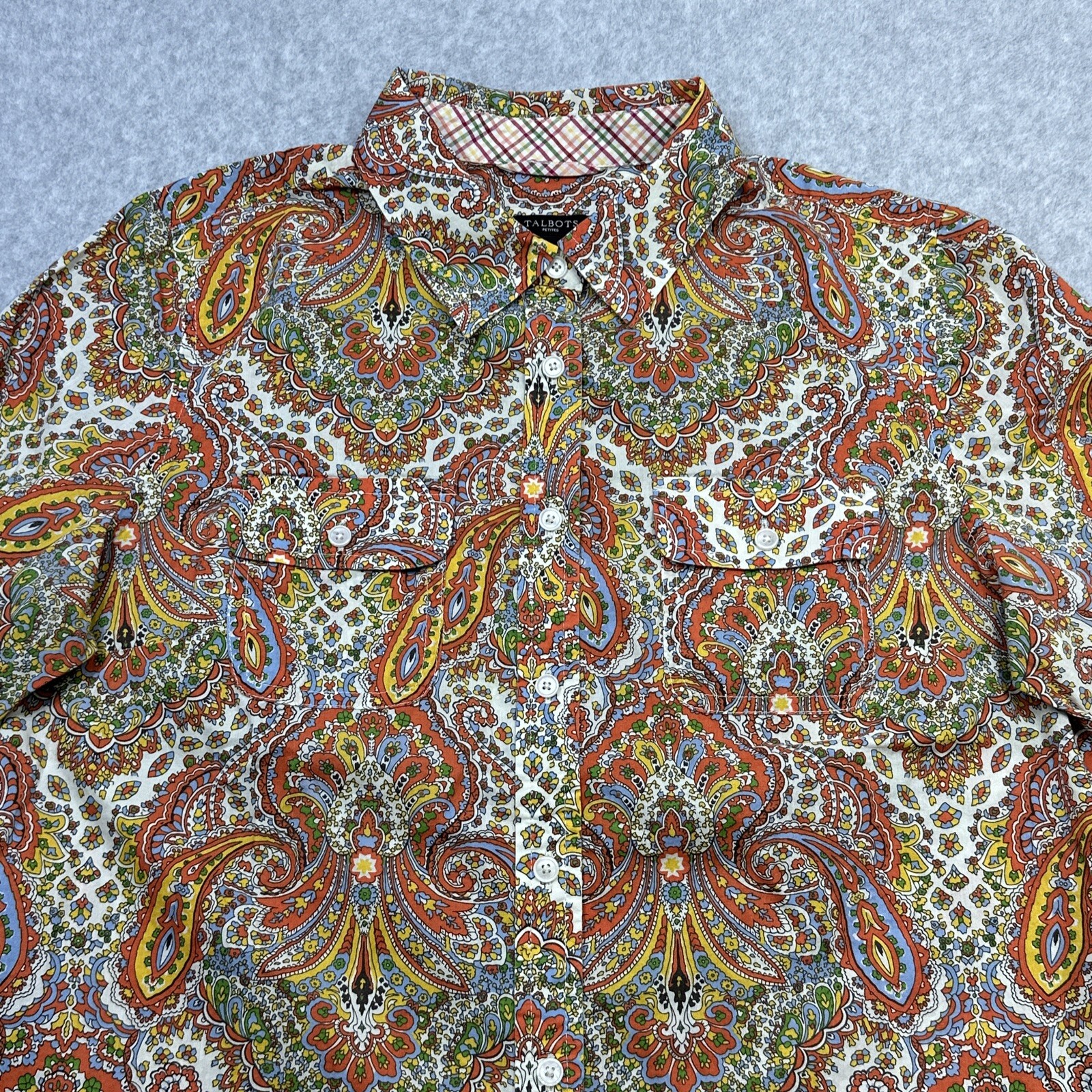 Talbots Top 10P Orange Paisley Roll Tab Flip Cuff Versatile Layer Everyday Wear