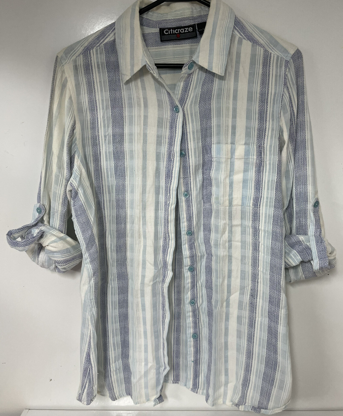 Citicraze Women’s Large Long Sleeve Button Up Shirt Collared Blue Stripe