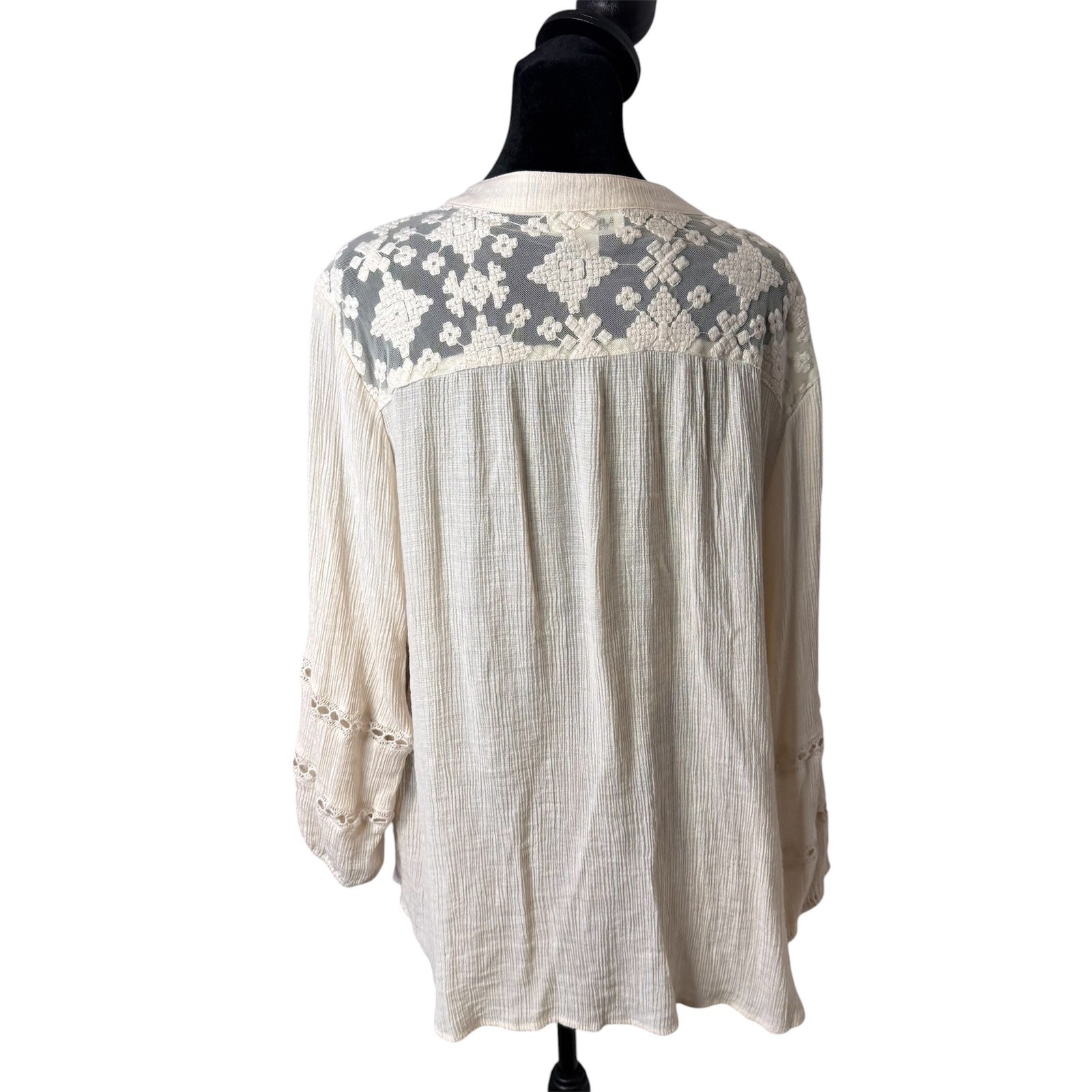 BOHO Cottagecore Lace Crochet Crinkle Gauze Peasant Tunic Top Womens 1X Ethereal