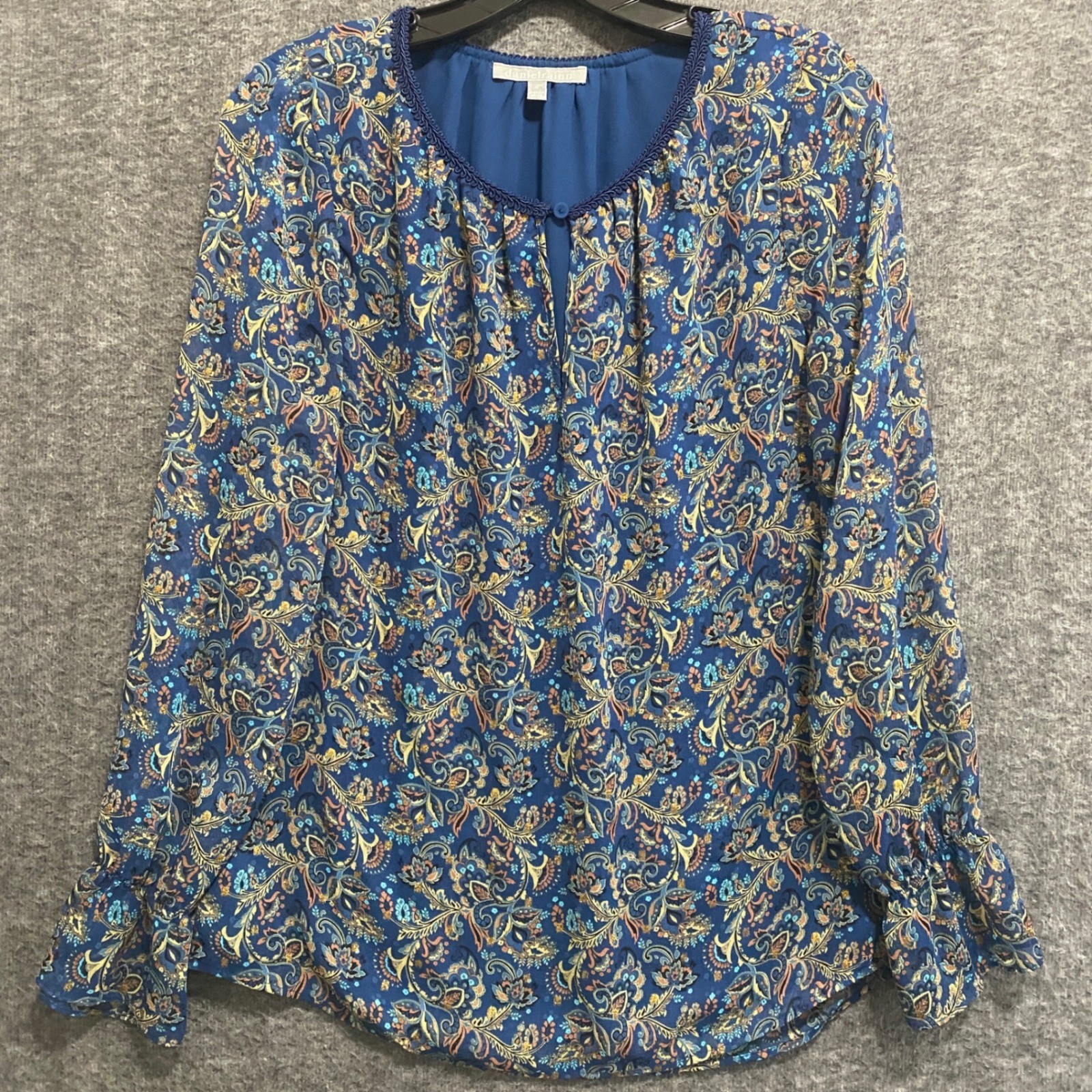 Daniel Rainn Top Womens Medium Blue Boho Floral Embroidered Keyhole Neck Lined