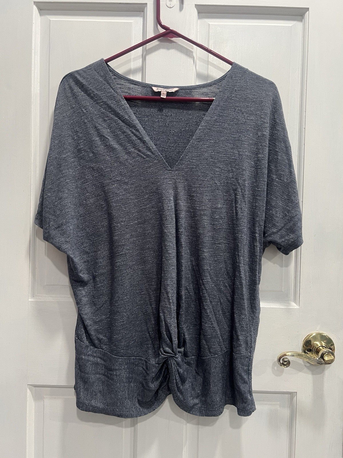 JUICY COUTURE Heathered Grey Dolman V Neck Front Knot Shirt SIZE LARGE Pre Loved