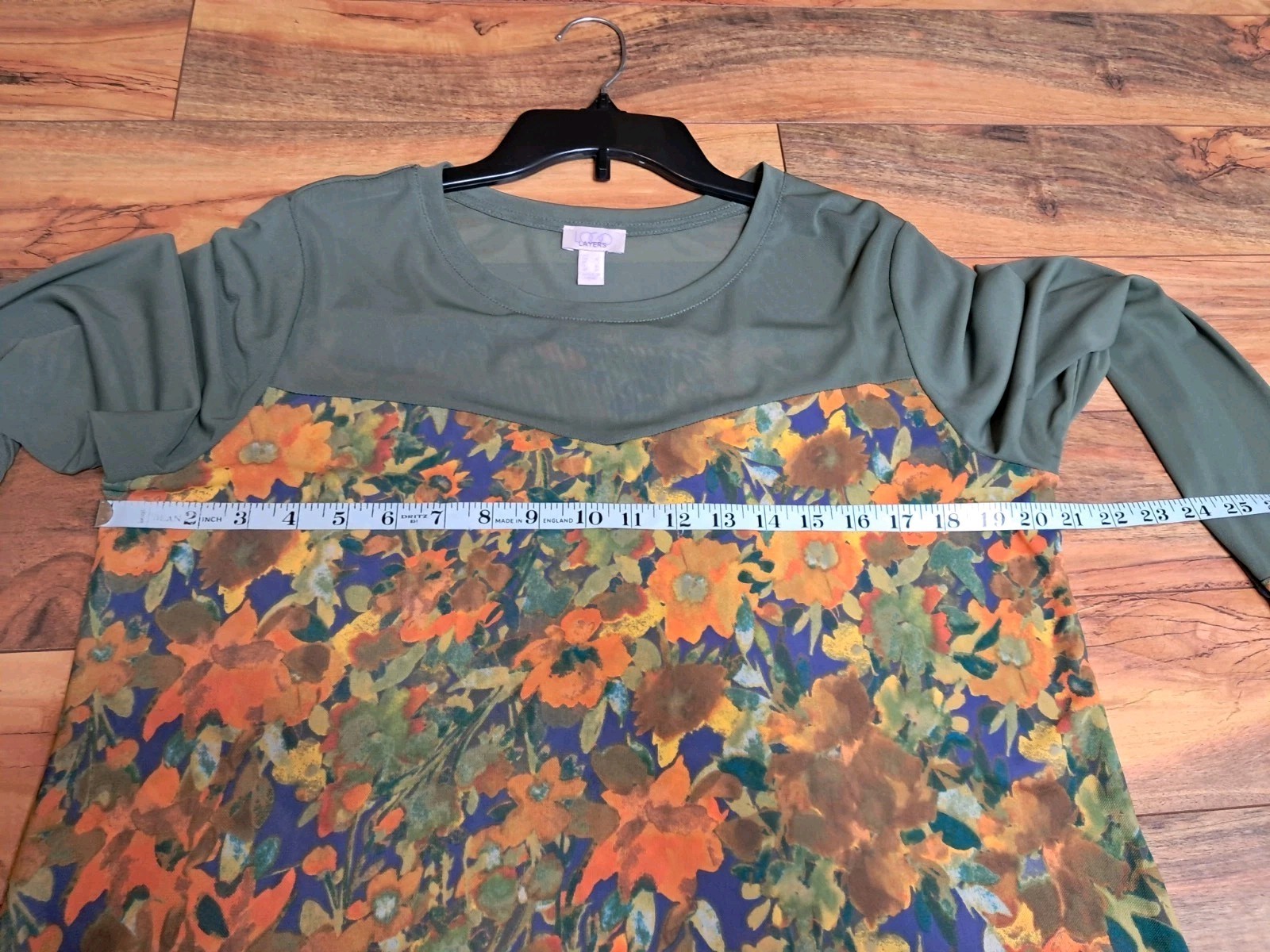 LOGO Layers Lori Goldstein Womens Sheer Mesh Top Size L Green Floral Stretch