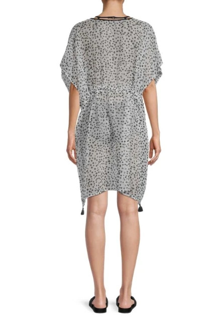 KARL LAGERFELD PARIS COVER-UP V-NECK WHITE W/BLACK GATHER TIE WAIST &TASSLES OS