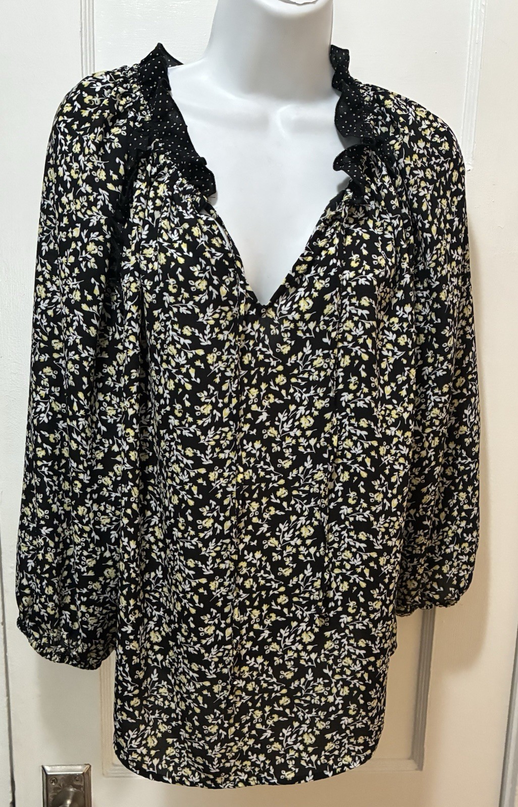DALIA Patchwork Floral Polka Dot Ruffle Black Yellow Peasant Blouse Boho Top L