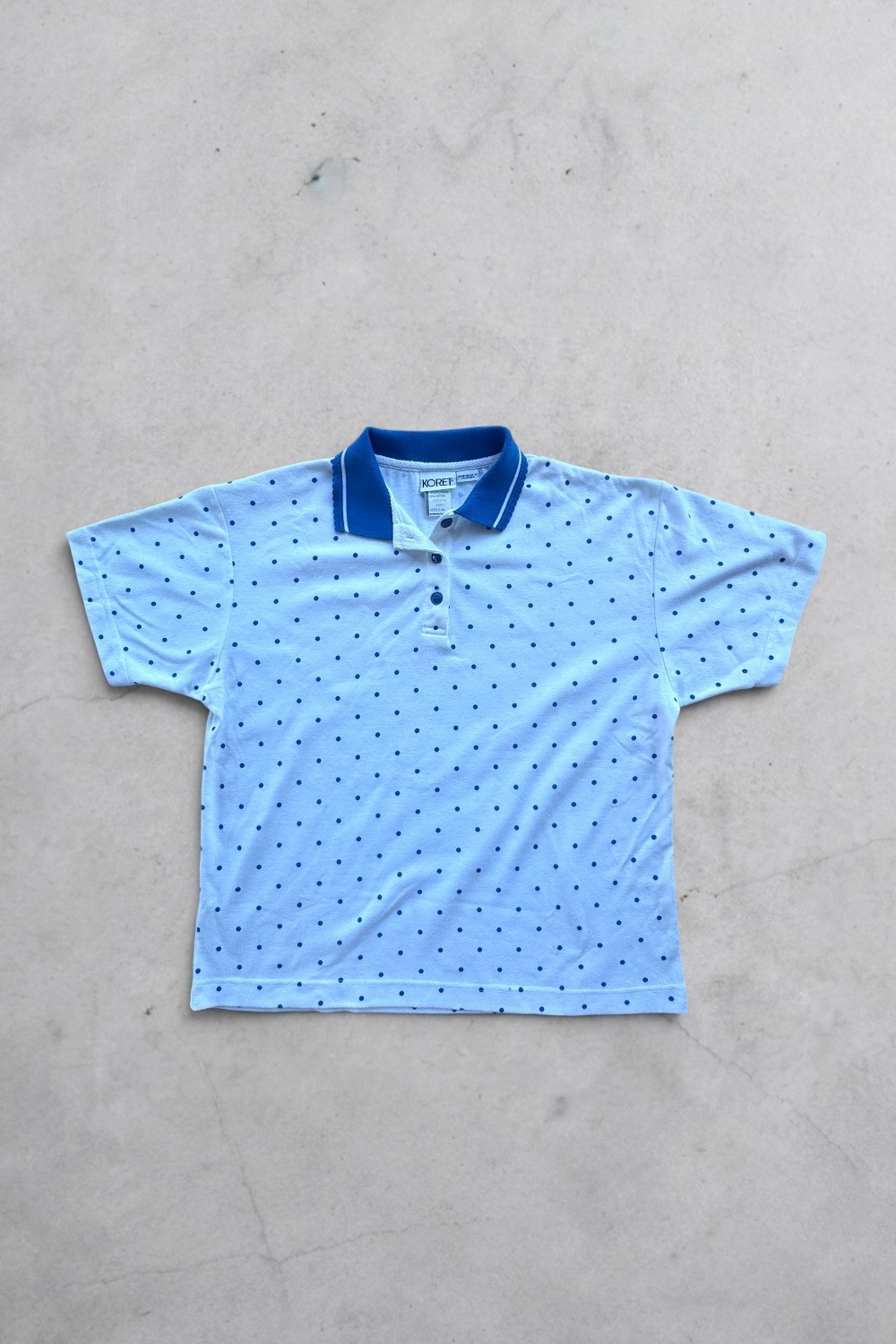 Vintage 80s 90s Koret White Polka Dot Polo Shirt Size M Navy Collar Preppy Women
