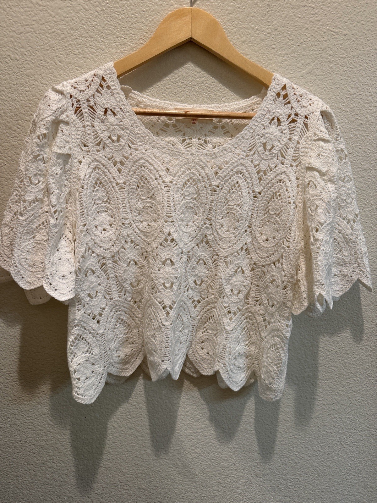 White Crochet Lace Short Sleeve Top XS Bohemian Romantic Festival