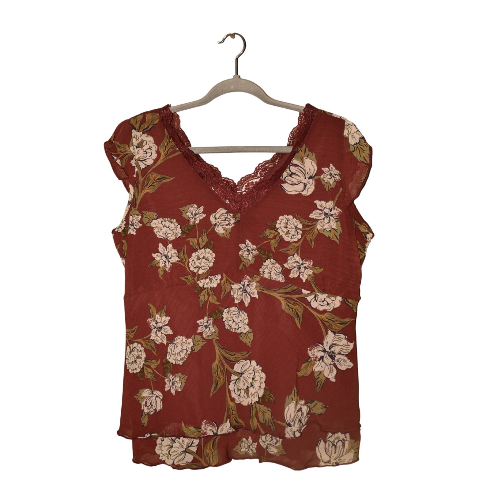 MAURICES NEW $35 Burgundy Floral Lace Trim V-Neck Blouse Flutter Cap Sleeves L