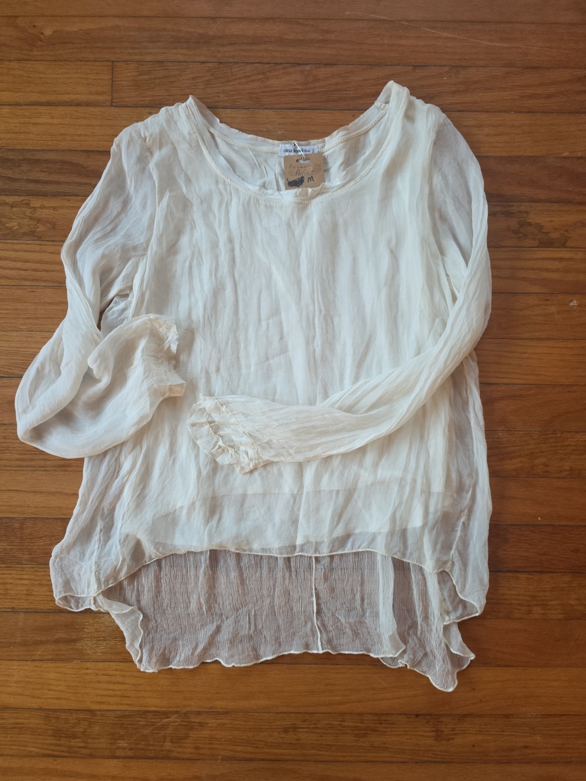 Nina Kendosa Paris Silk White Sheer Blouse Shirt Long Sleeve Sz M
