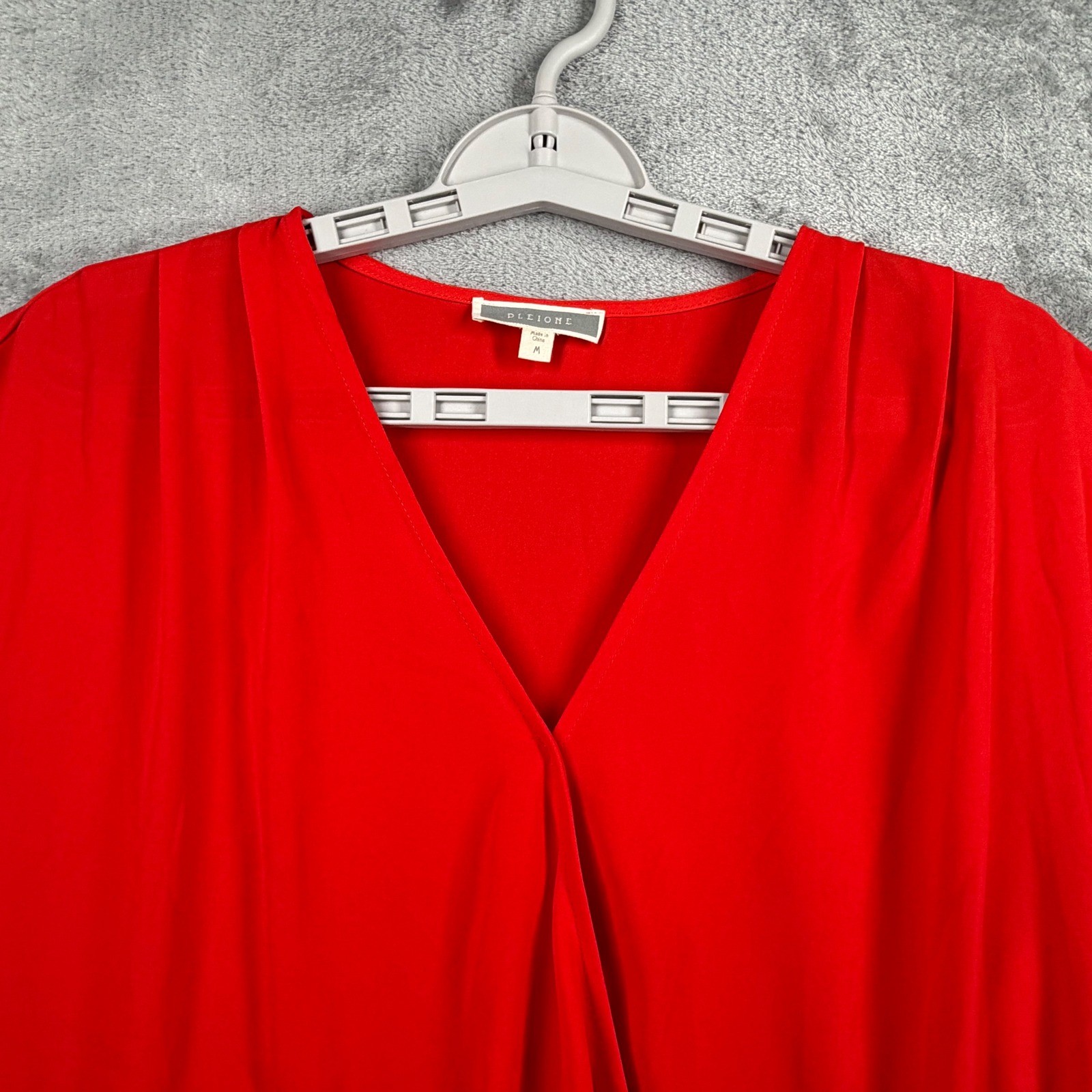 Pleione Red Faux Wrap Blouse Medium High Low Drape Top Minimalist Office Siren
