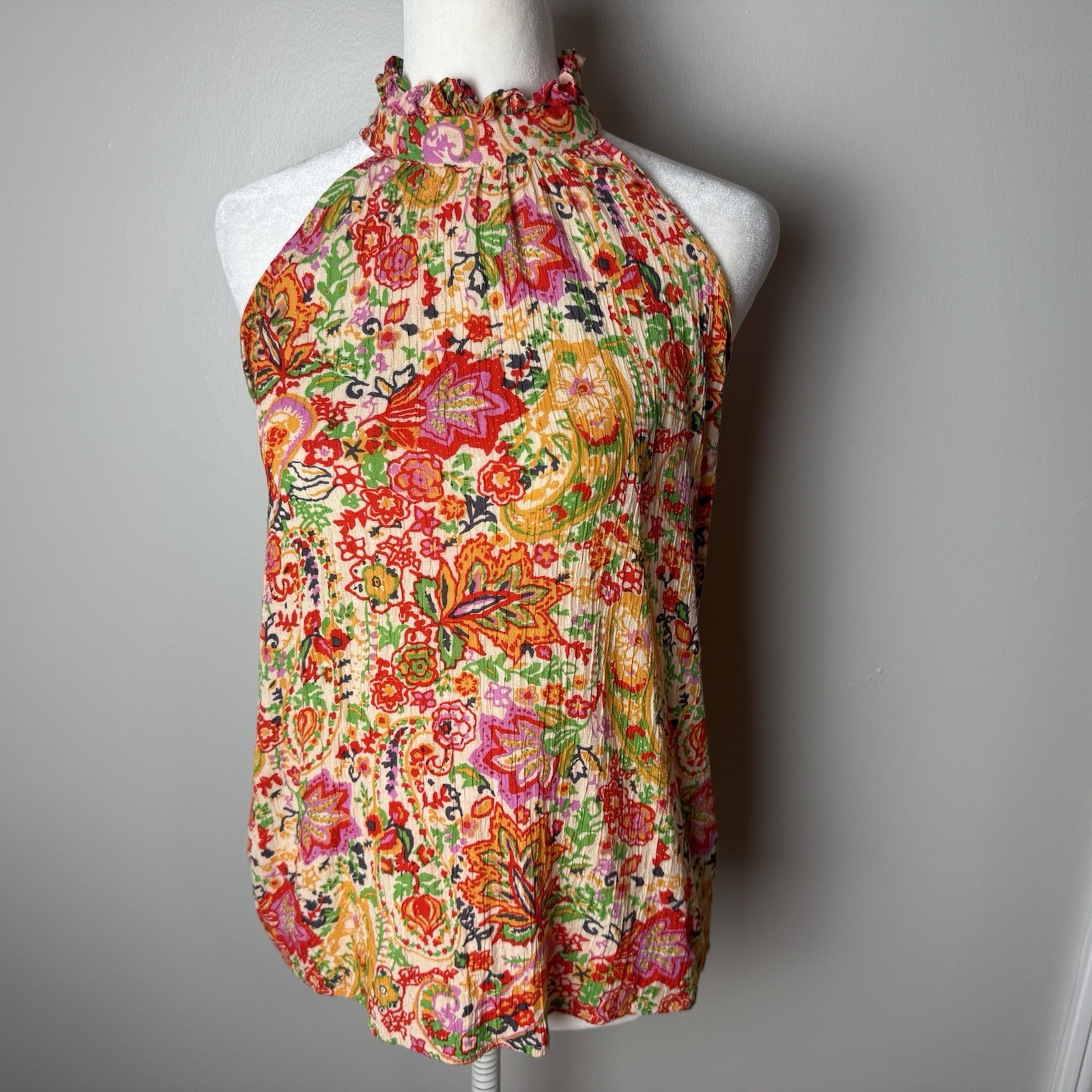 Cynthia Rowley Sleeveless Blouse Size XS Top Floral Halter High Neck Colorful