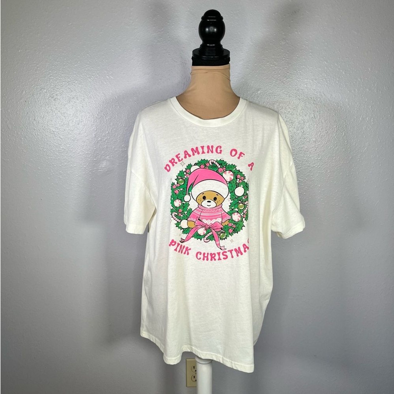 Pink Christmas teddy bear Santa holiday graphic tee XL girly coquette soft girl