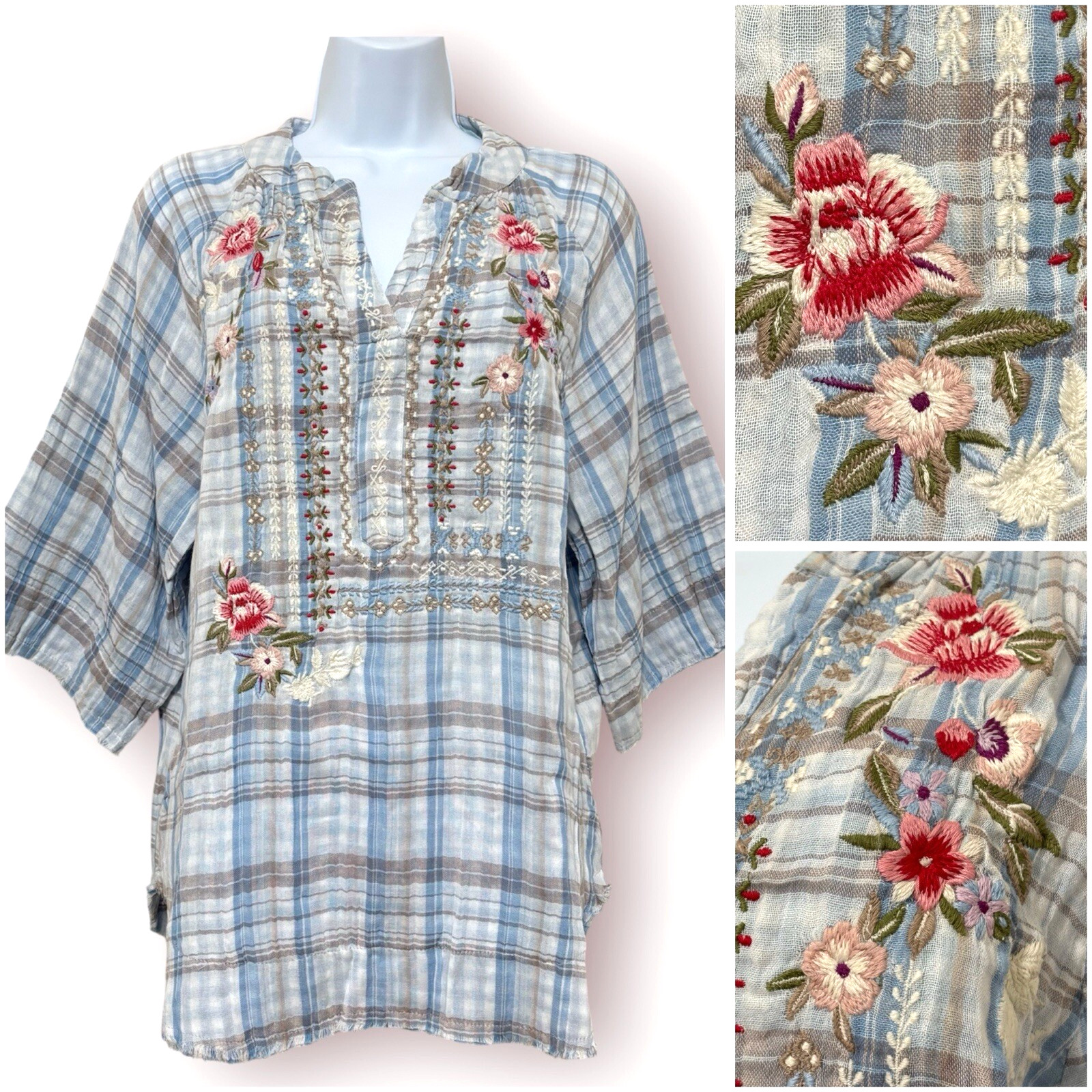 NWT Kyla Seo Anthropologie Sz S Plaid Embroidered Tunic Top Gauzy Cotton Boho