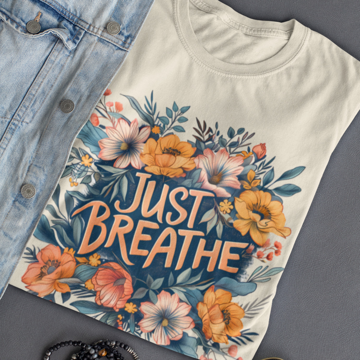 Affirmation Flower T-Shirt Top Tee – Just Breathe Floral Motivation Present Gift