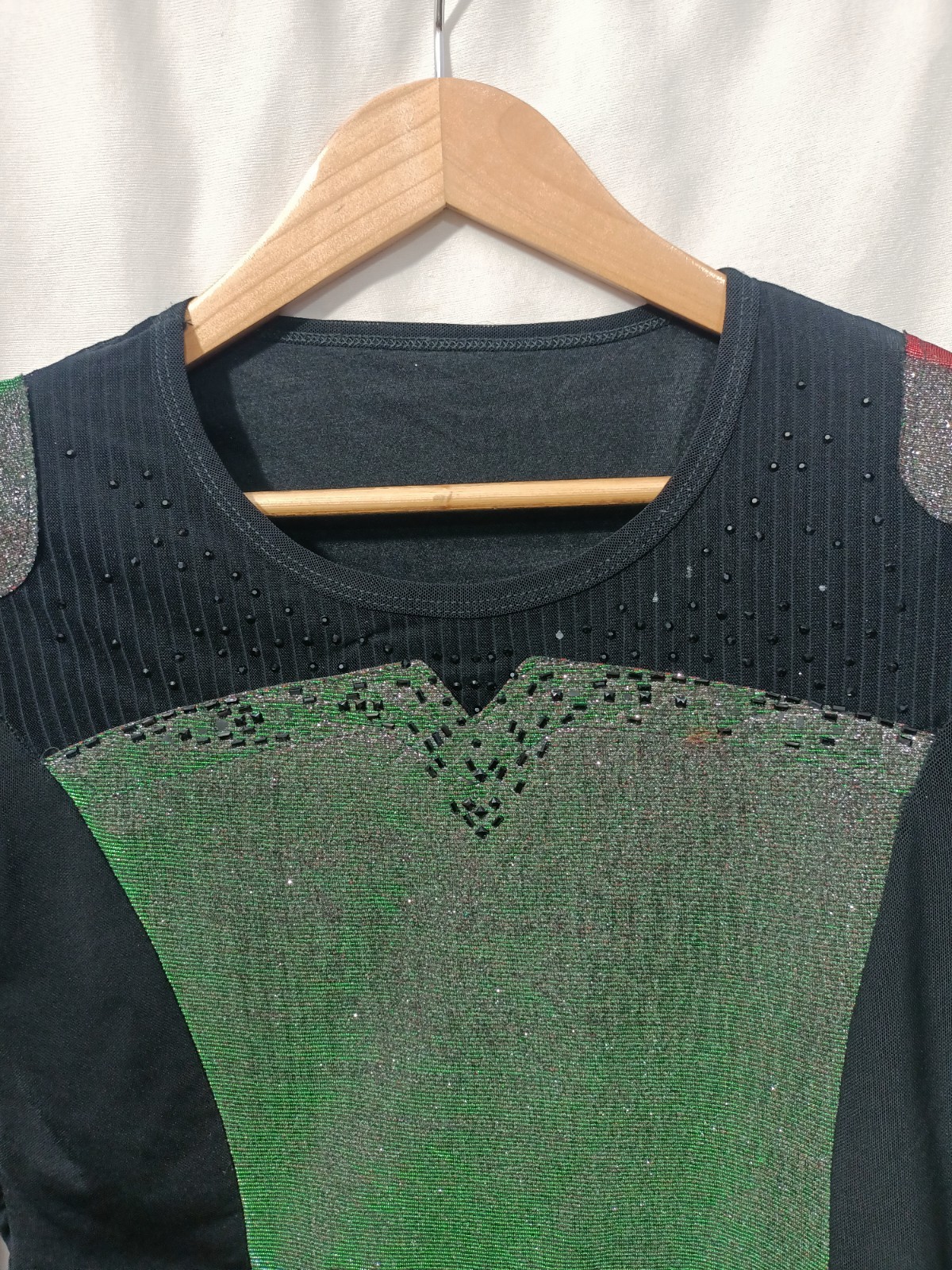 Black Long Sleeve Illusion Glitter Top Color Changing Green Purple Silver M/L