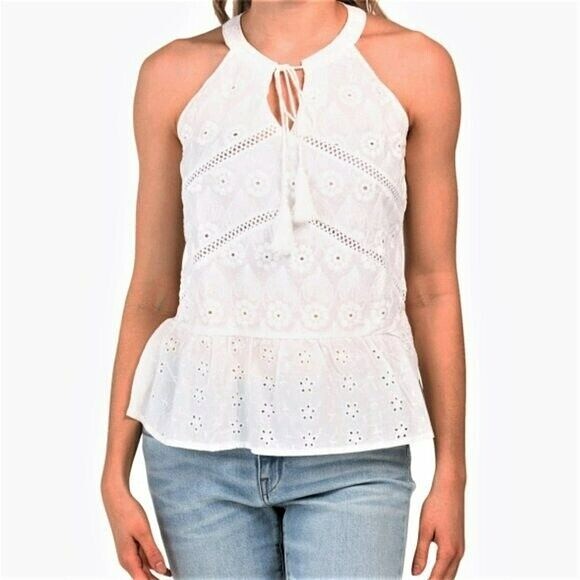 NWT ADIVA Floral Eyelet Cotton Peplum Hem Tassels Tie Tank Top M,L,XL