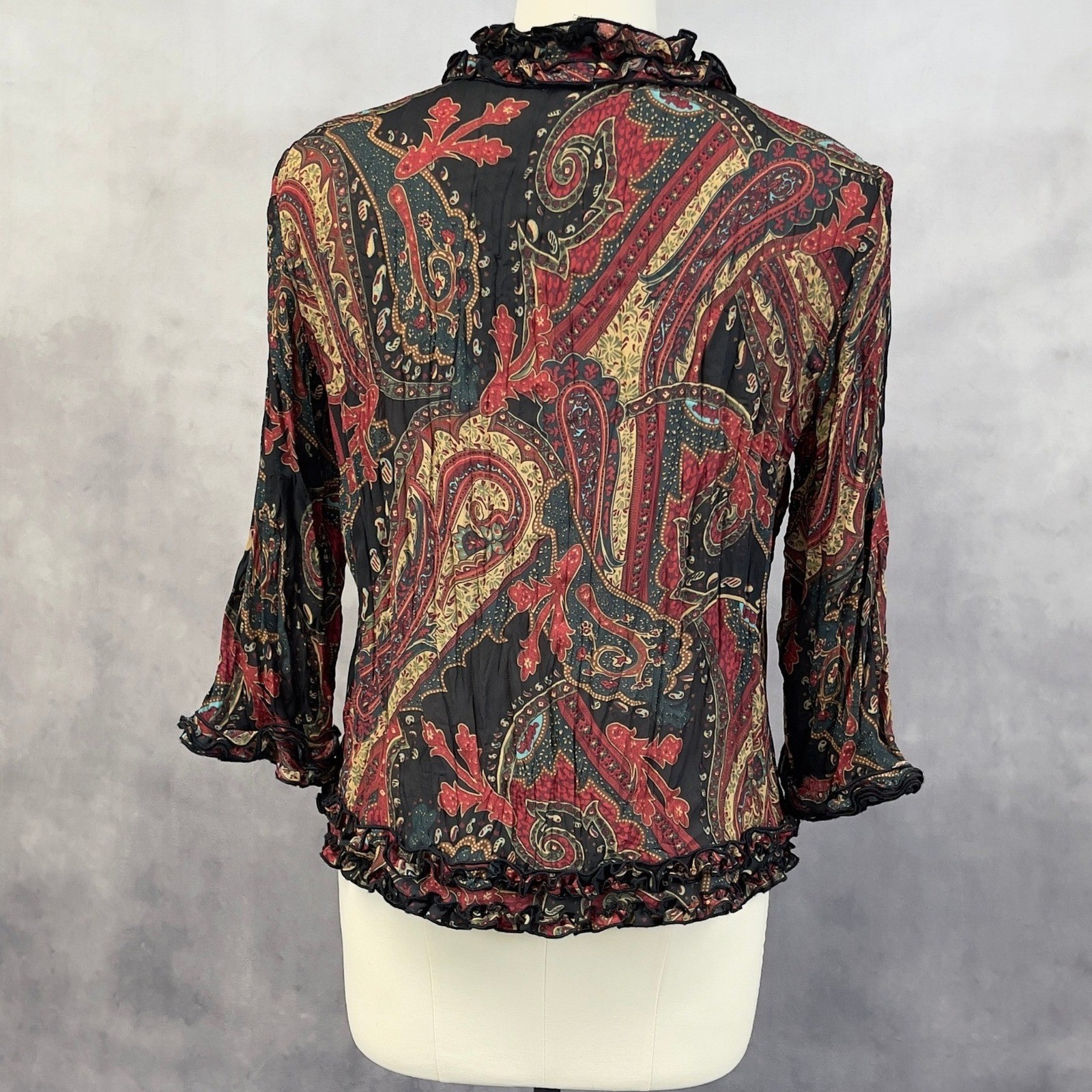 Agora Paisley Ruffle Open Front Jacket Women Medium Romantic Boho Artsy Fairy