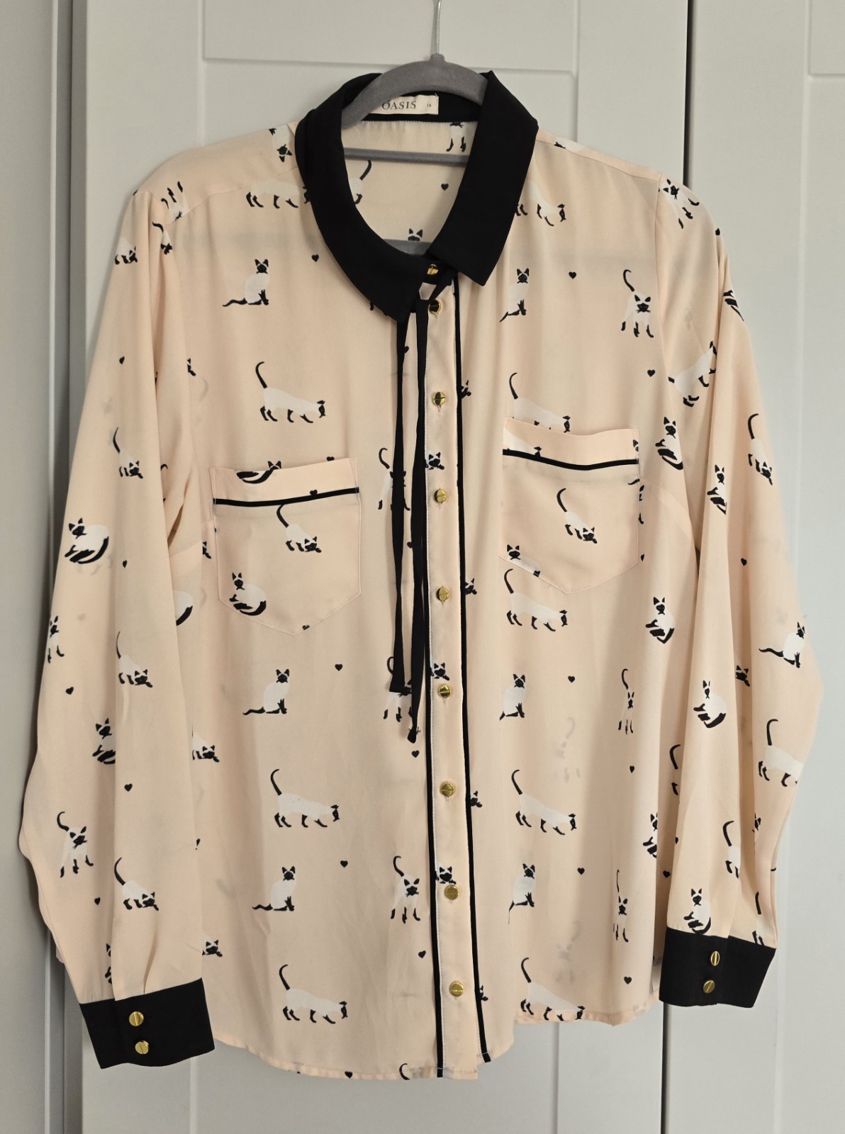 Oasis Siamese Cat Print Shirt Blouse Button Up Salmon Pink UK 16
