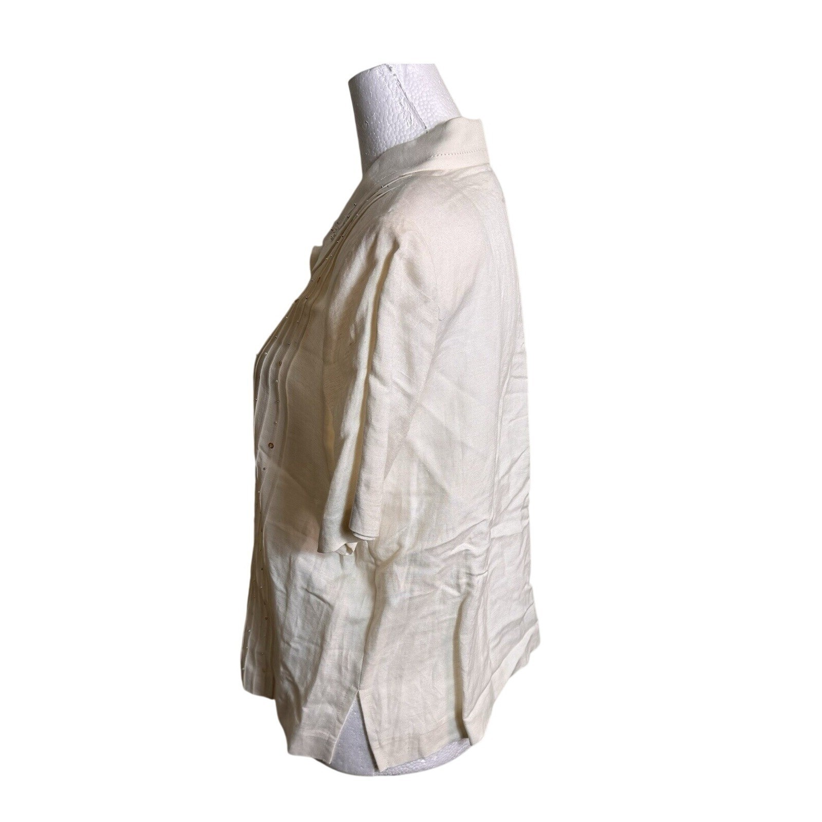Vintage Positive Attitude Cream Linen Rayon Beaded Pleated Blouse Top Size 10