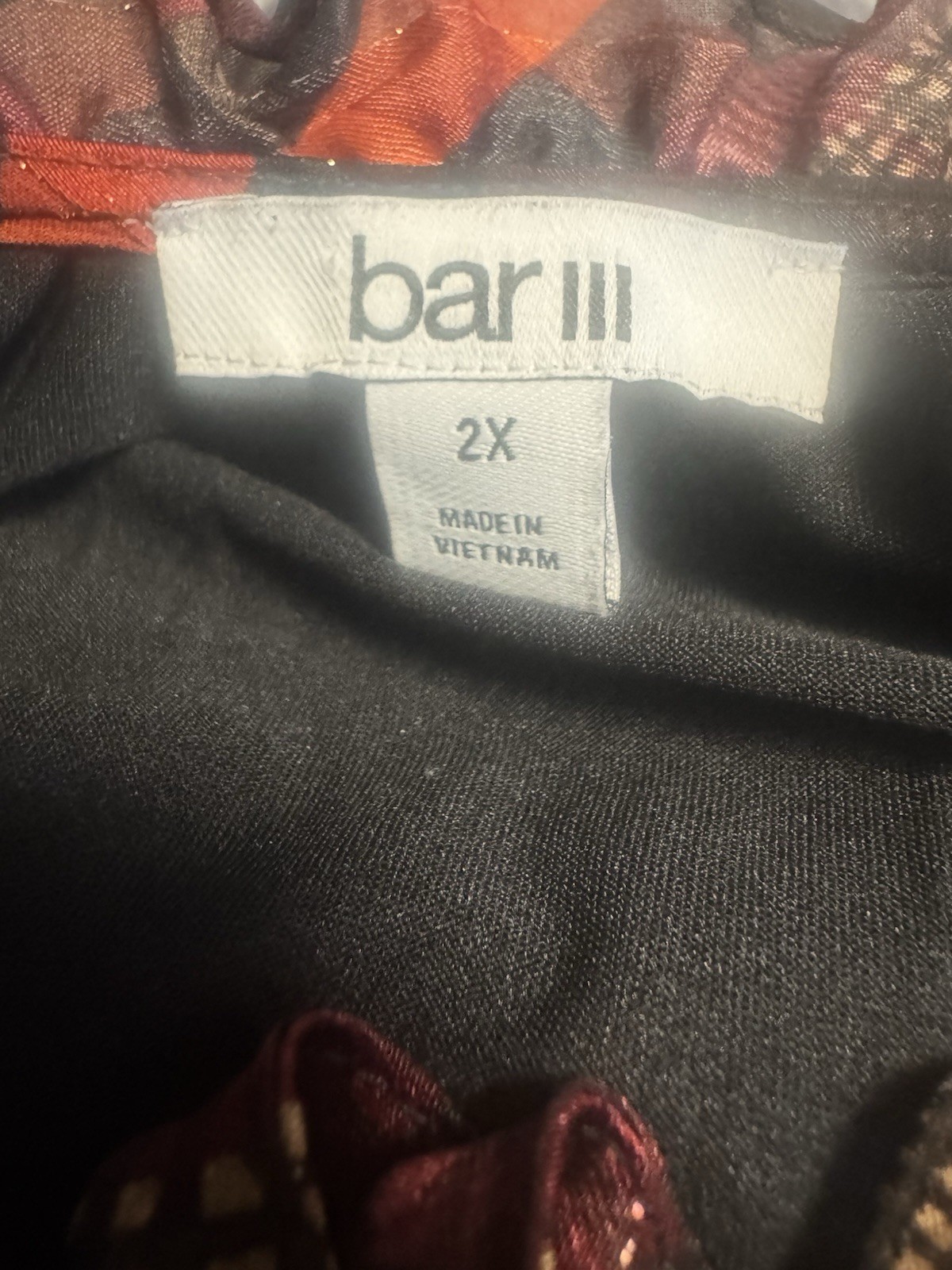 bar III Burgundy Orange Black Plaid Tie Neck Long Sleeve Blouse 2X Plus Women