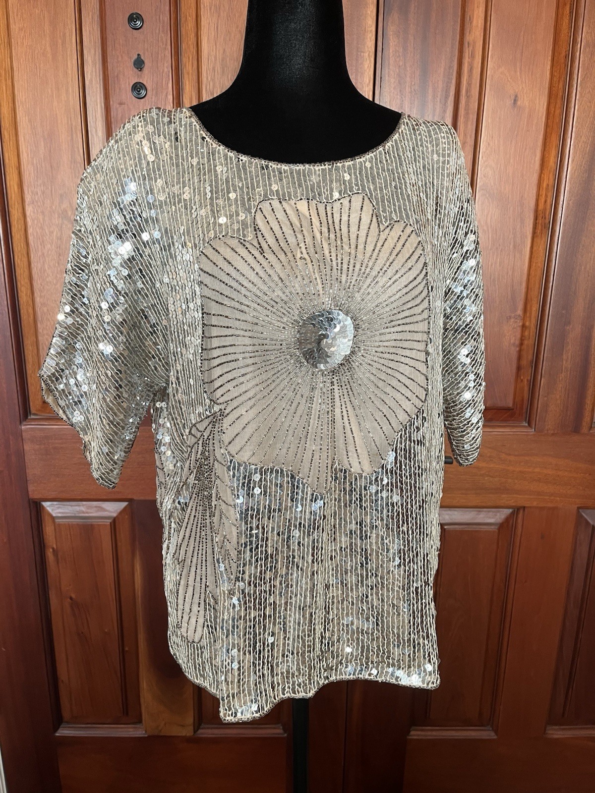 Joseph Le Bon Silver & Beige Sequin Beaded Silk Scoop Top Blouse Disco L