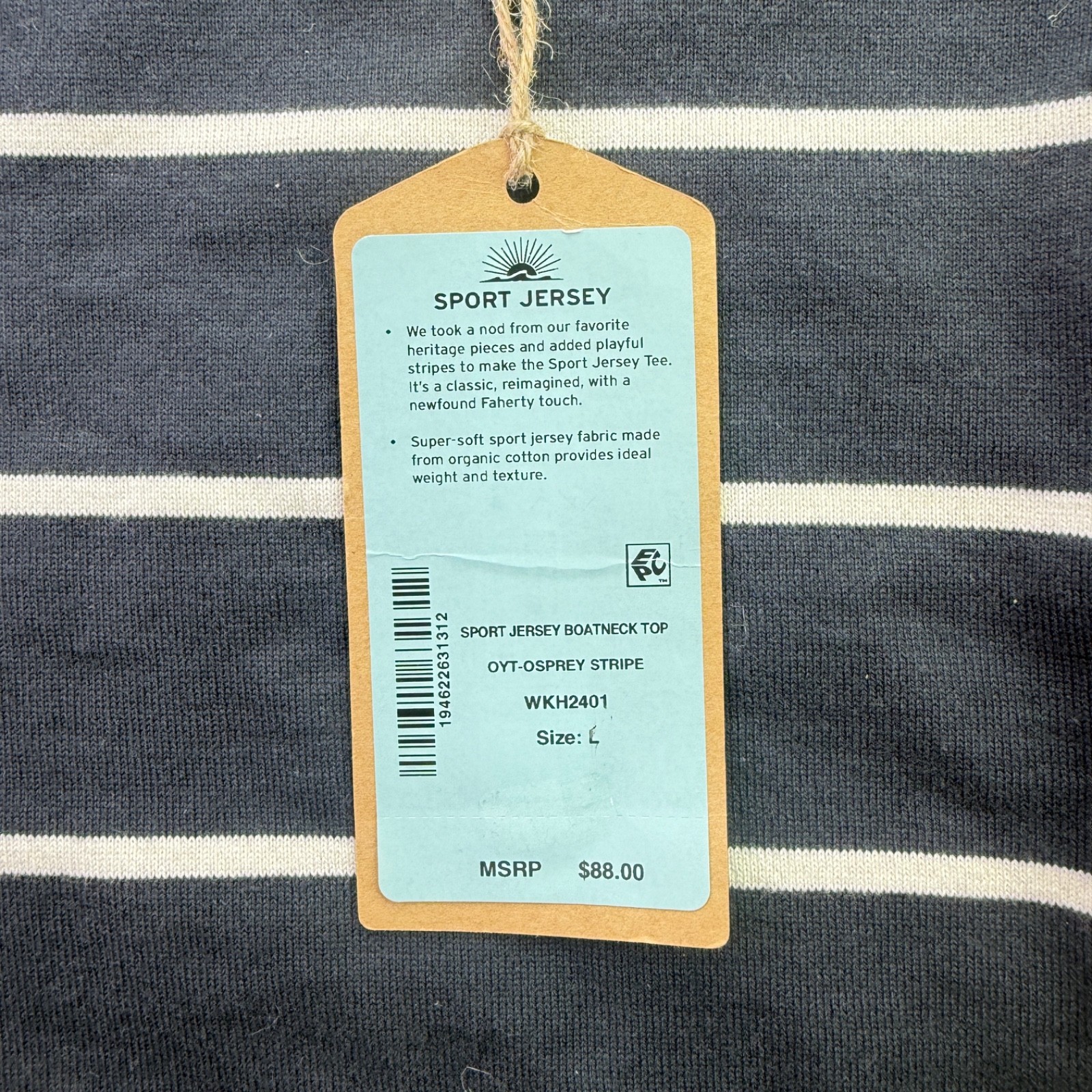 Faherty Women’s Size Large Sports Jersey Boatneck Top in Osprey Stripe NEW