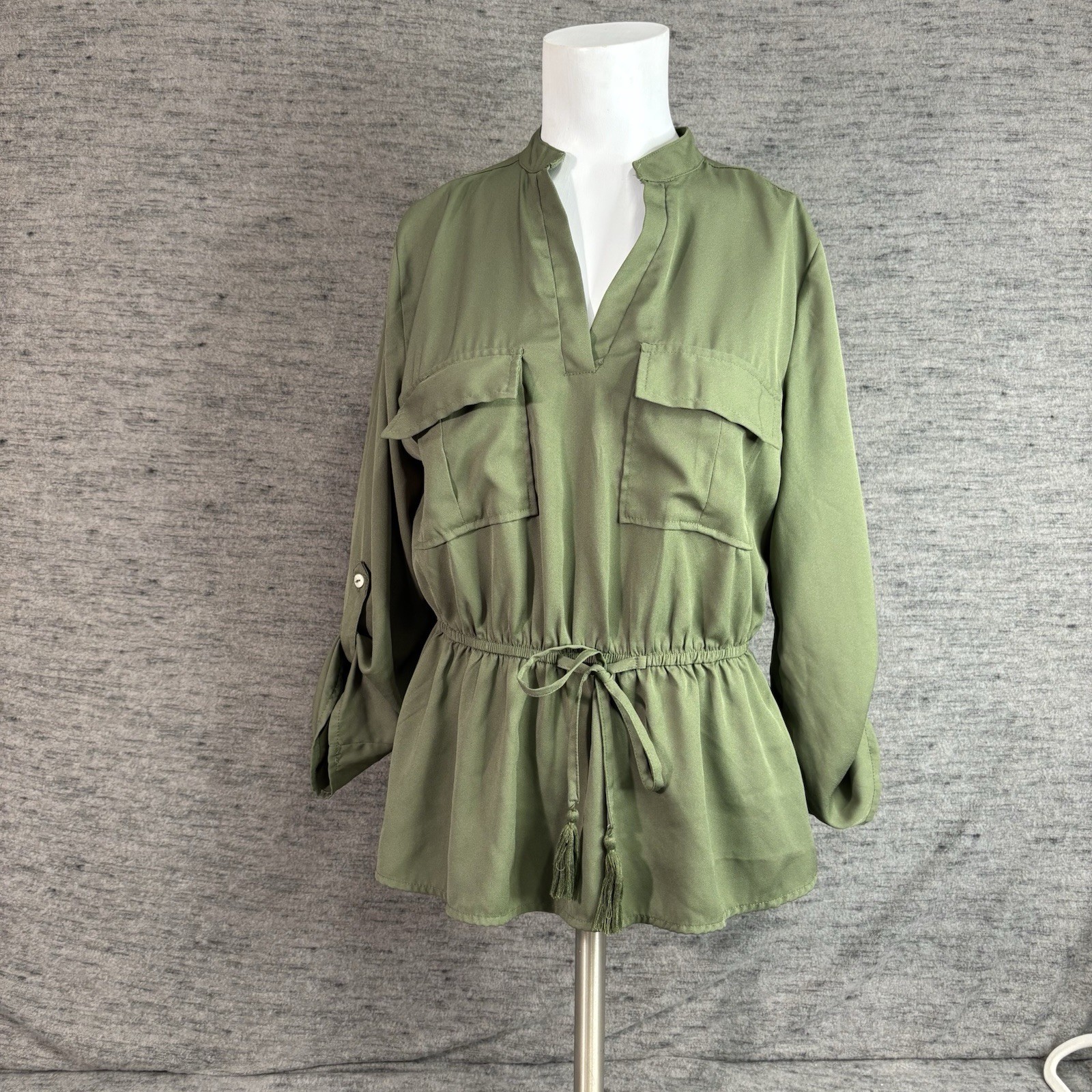 Indulge Instyle Army green Blouse Medium rolled sleeve Sheer Military Gorpcore