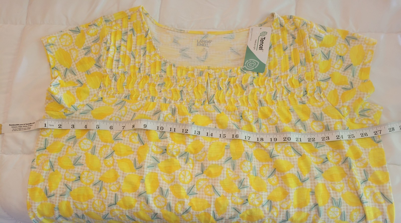 NWT Lands End Lemon Blouse 2X Plus Gingham Soft Tencel Smocked Short Sleeve