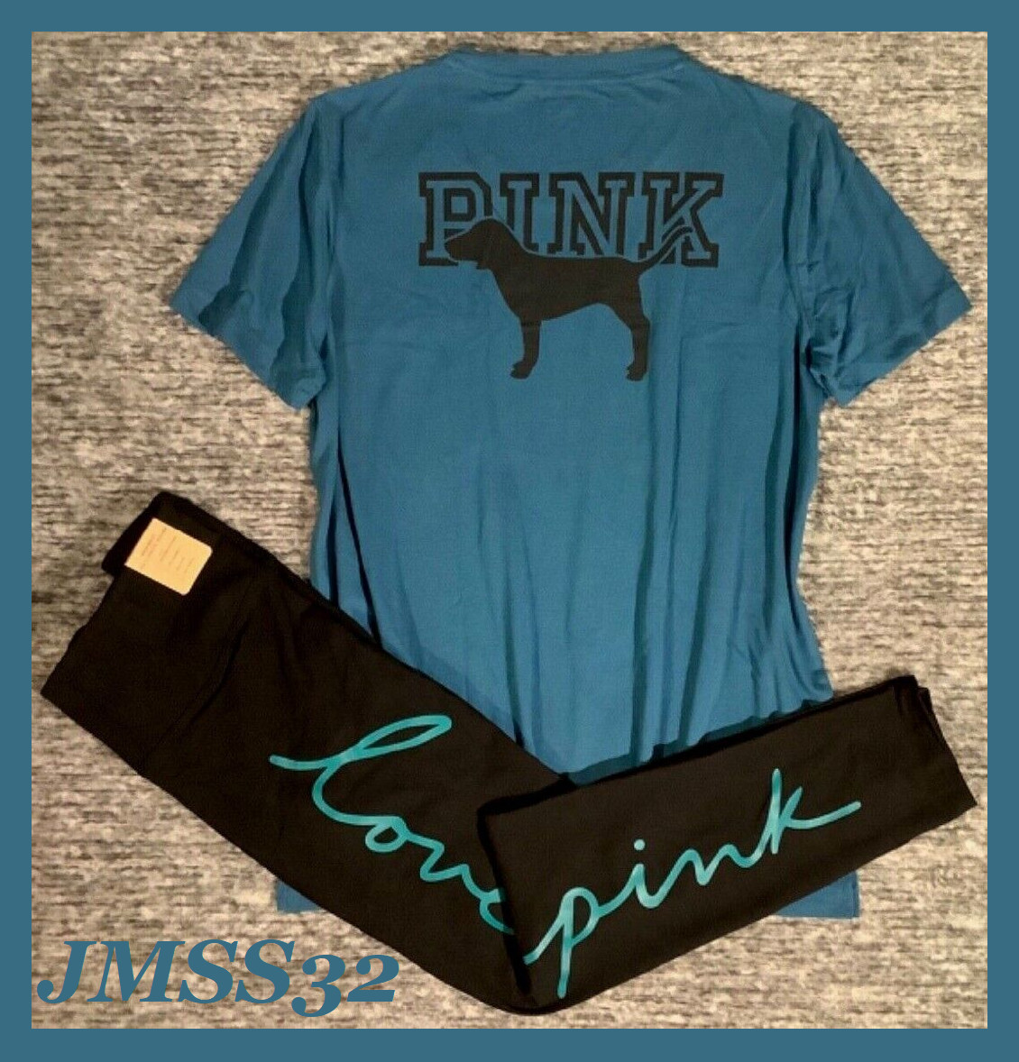 Victoria’s Secret Pink Campus SS Tee Shirt + Leggings Set Deep Lake Blue L NWT