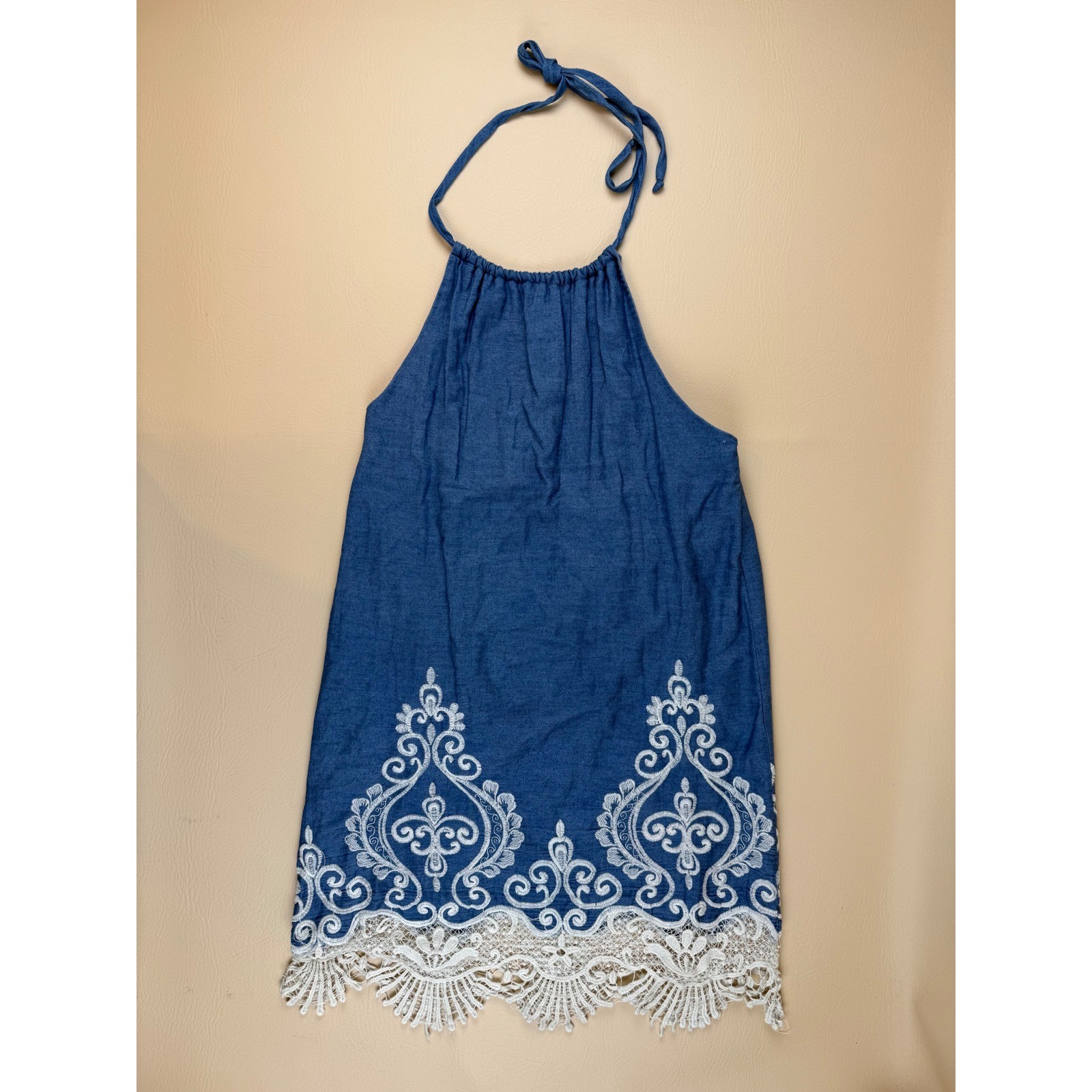 Boho Halter Tunic Cotton Embroidered Lace Hem Medium Sage