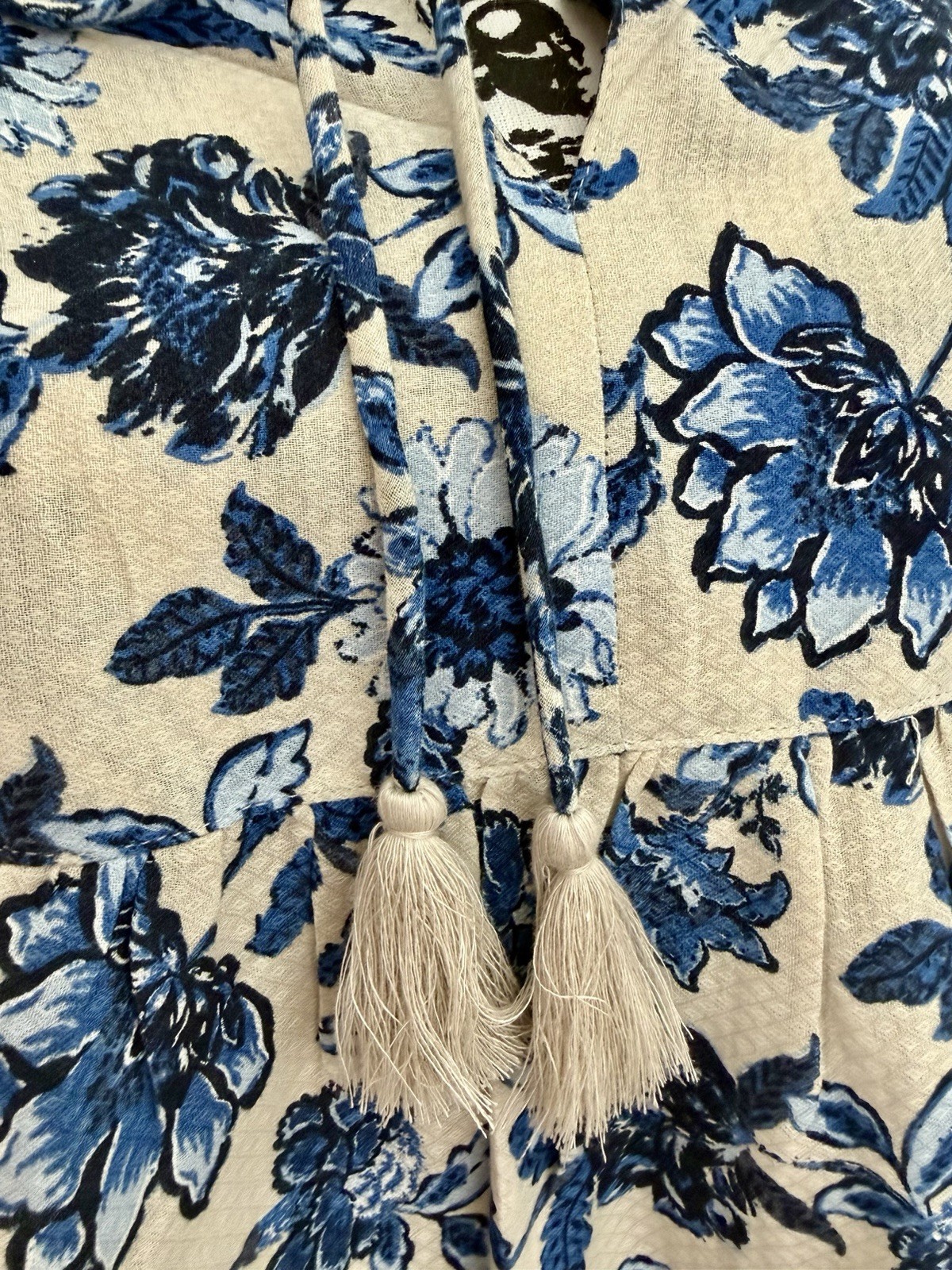 Lucky Brand Blue Floral Peasant Boho Blouse Tassel Babydoll S Balloon Sleeves