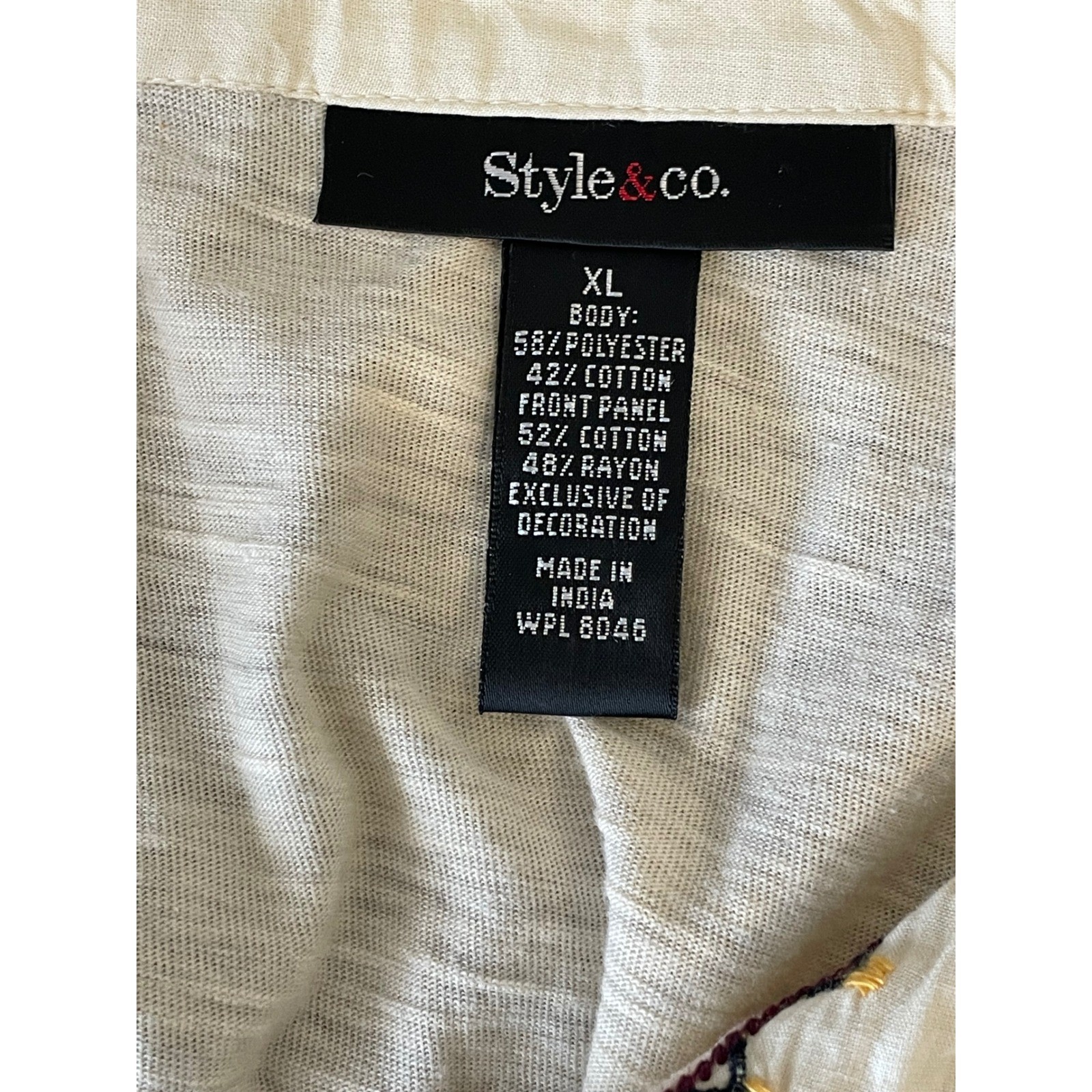 Style & Co Embroidered Blouse XL Ivory Boho Floral Long Sleeve Top