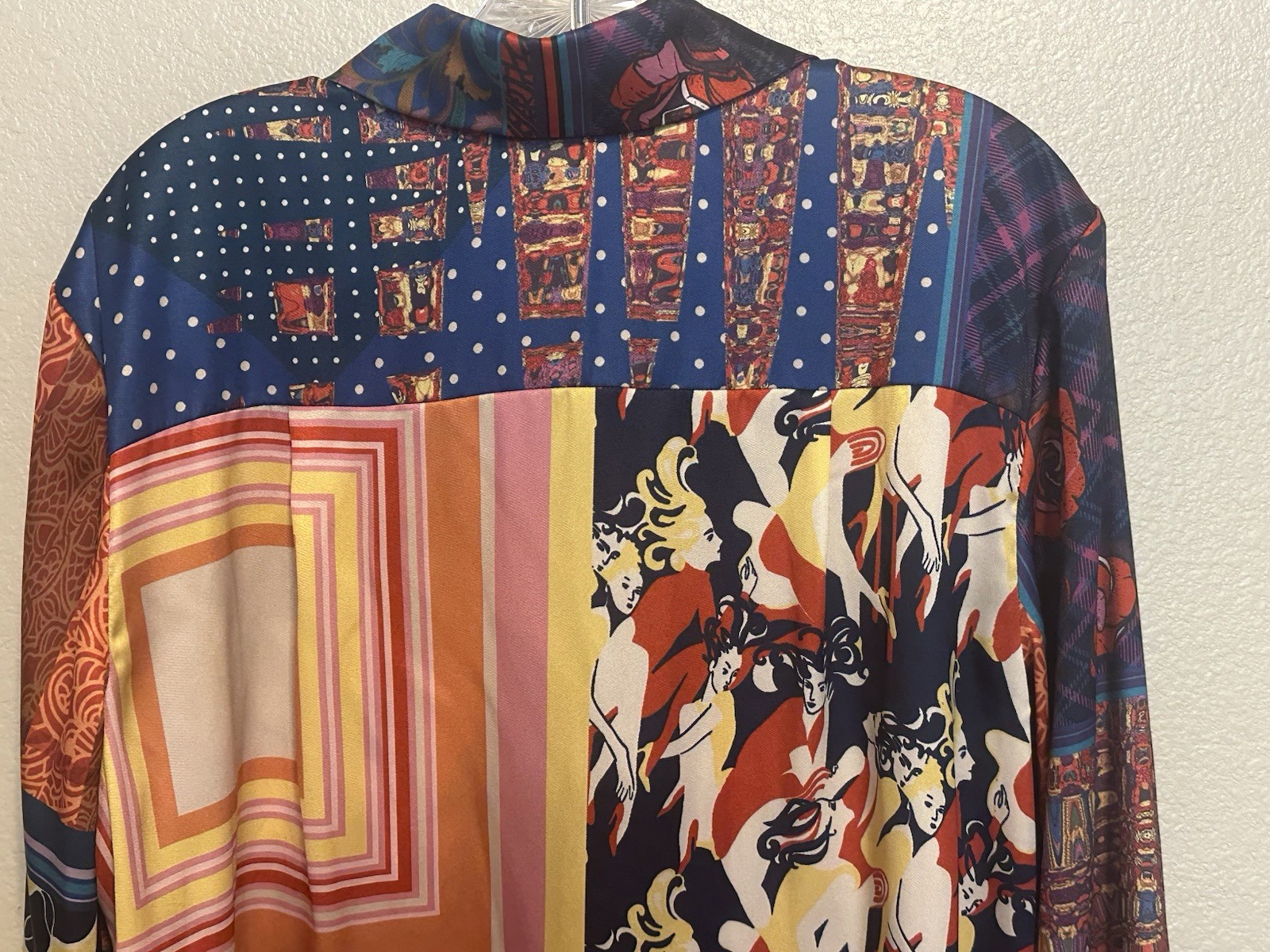 STAUD Martha Patchwork Satin Twill Tunic Button Blouse Multi Color Print Top L