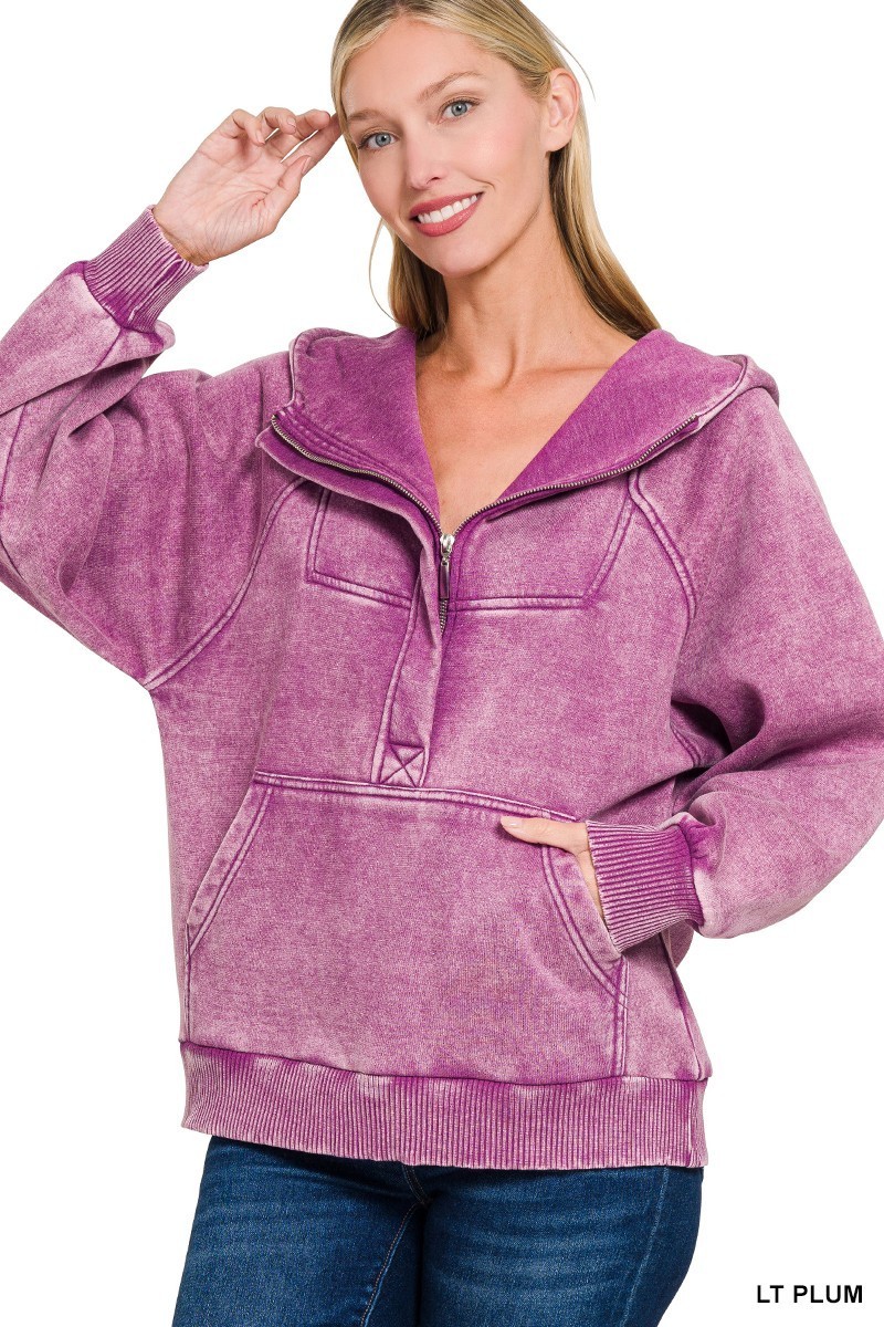 ZENANA LT PLUM ACID WASH FLEECE OVERSIZED 1/4 ZIP KANGAROO POCKET HOODIE sz M