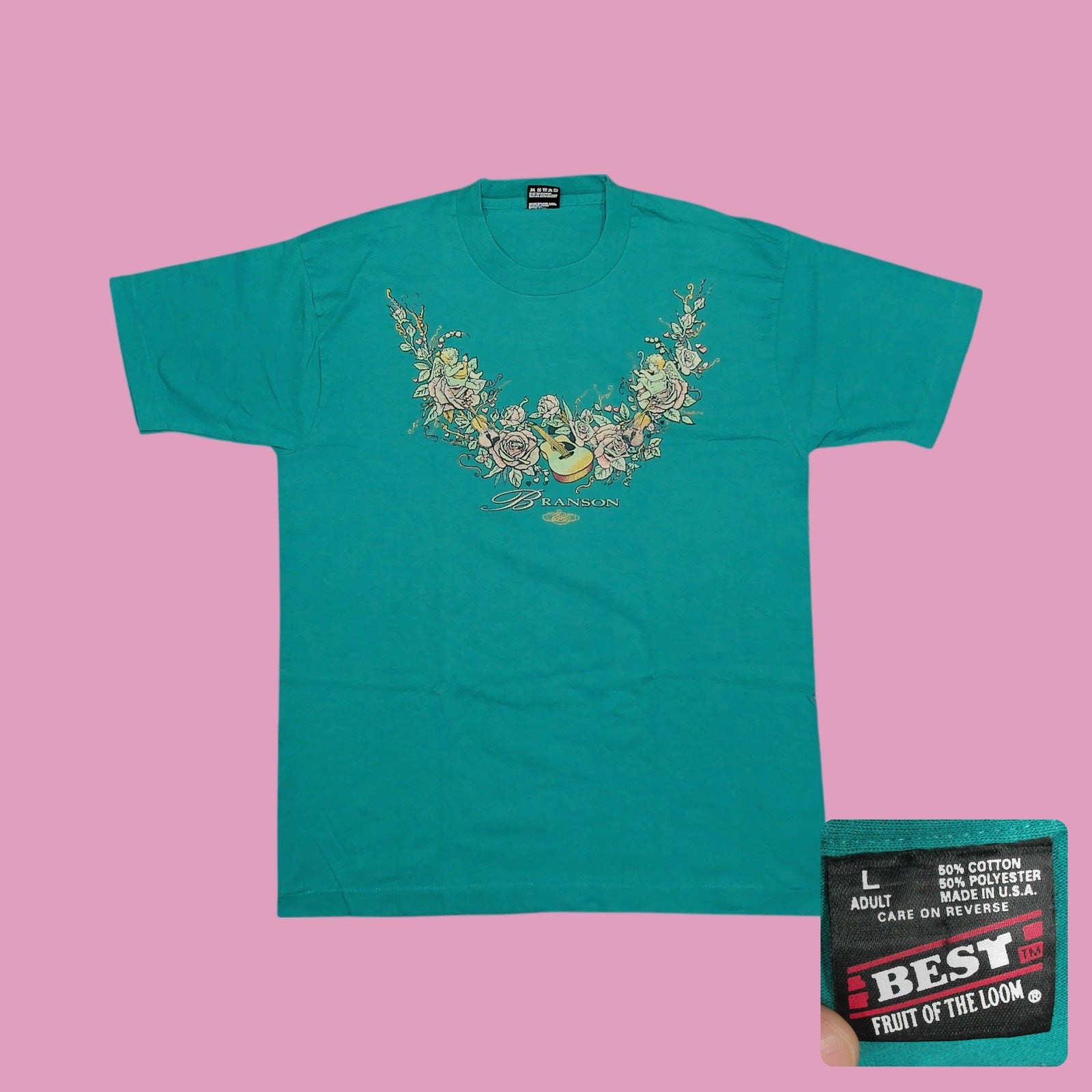 90s Branson Missouri Cherub Floral Guitar Single Stitch Tee Teal Womens XL