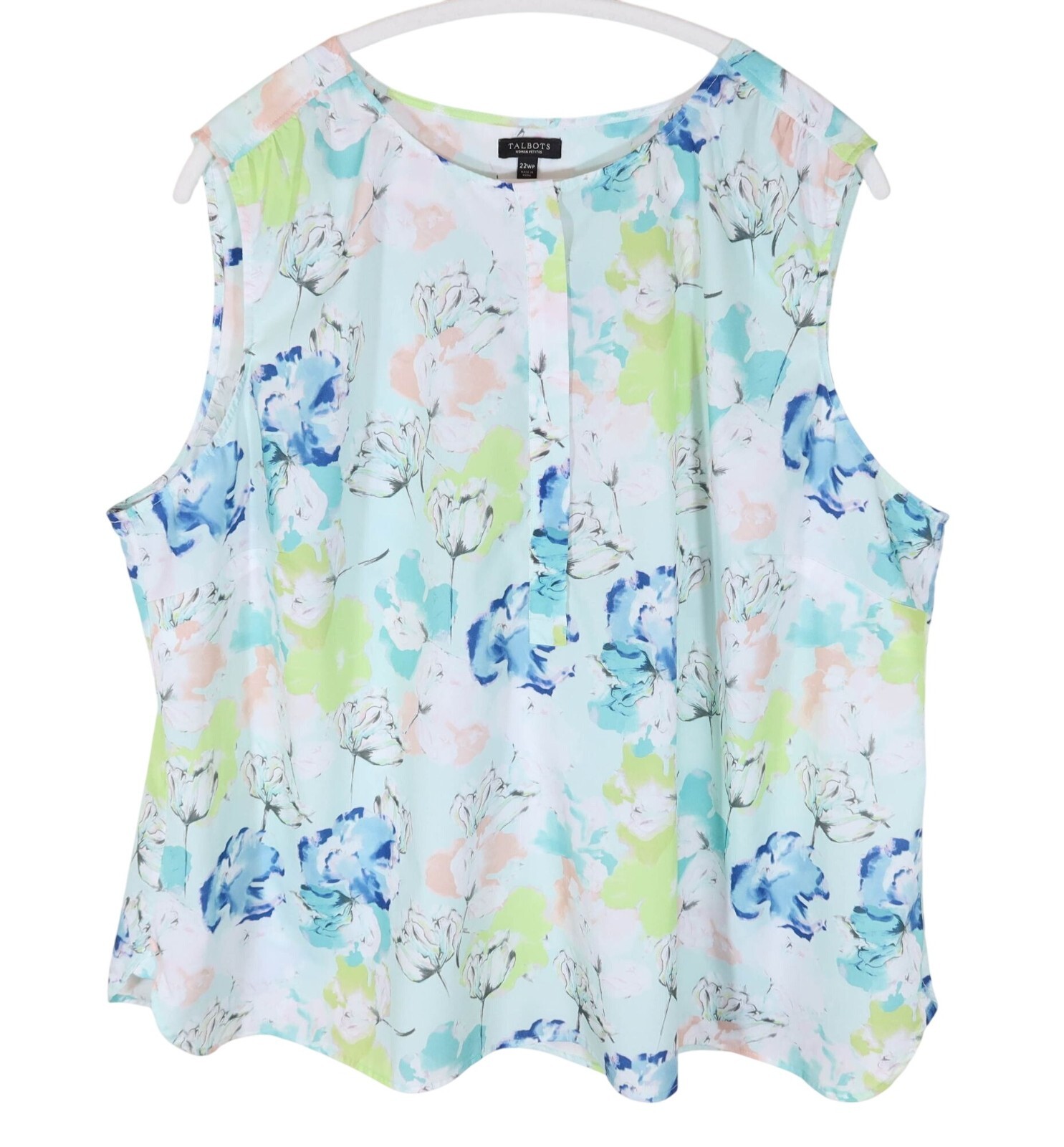 TALBOTS Pastel Watercolor Floral Henley Sleeveless Silky Tank Top Size 22WP