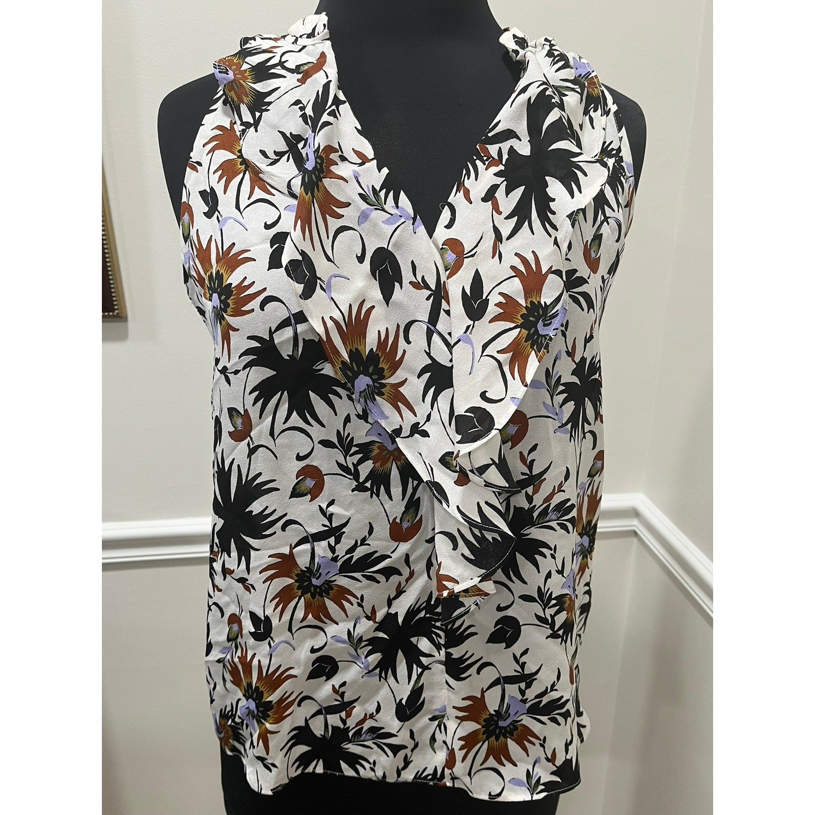 A.L.C. Silk Ruffle Front Floral Blouse Sleeveless V-Neck White Multi Size 6