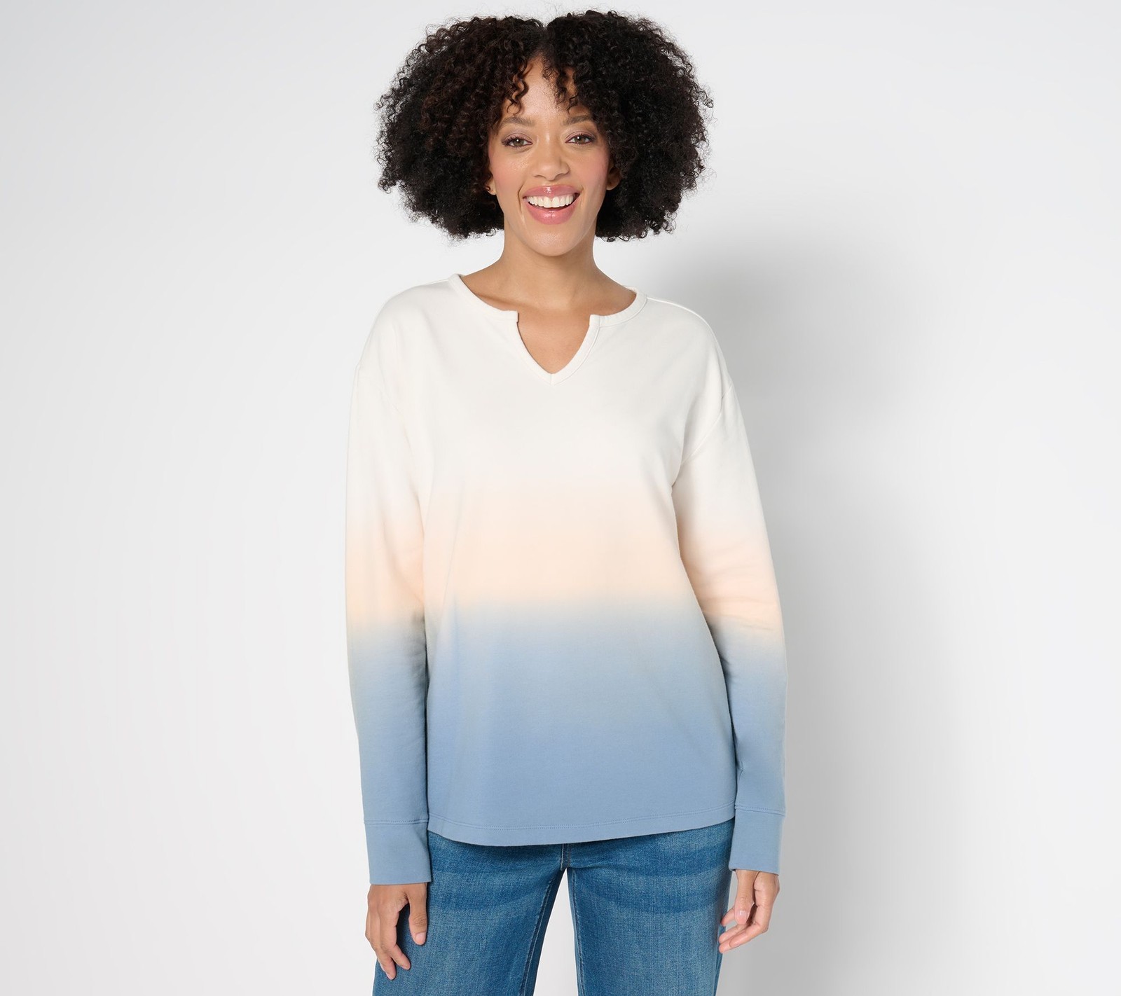 Denim & Co. Women’s Top Sz L French Terry Dip Dye Long Sleeve Blue A677467