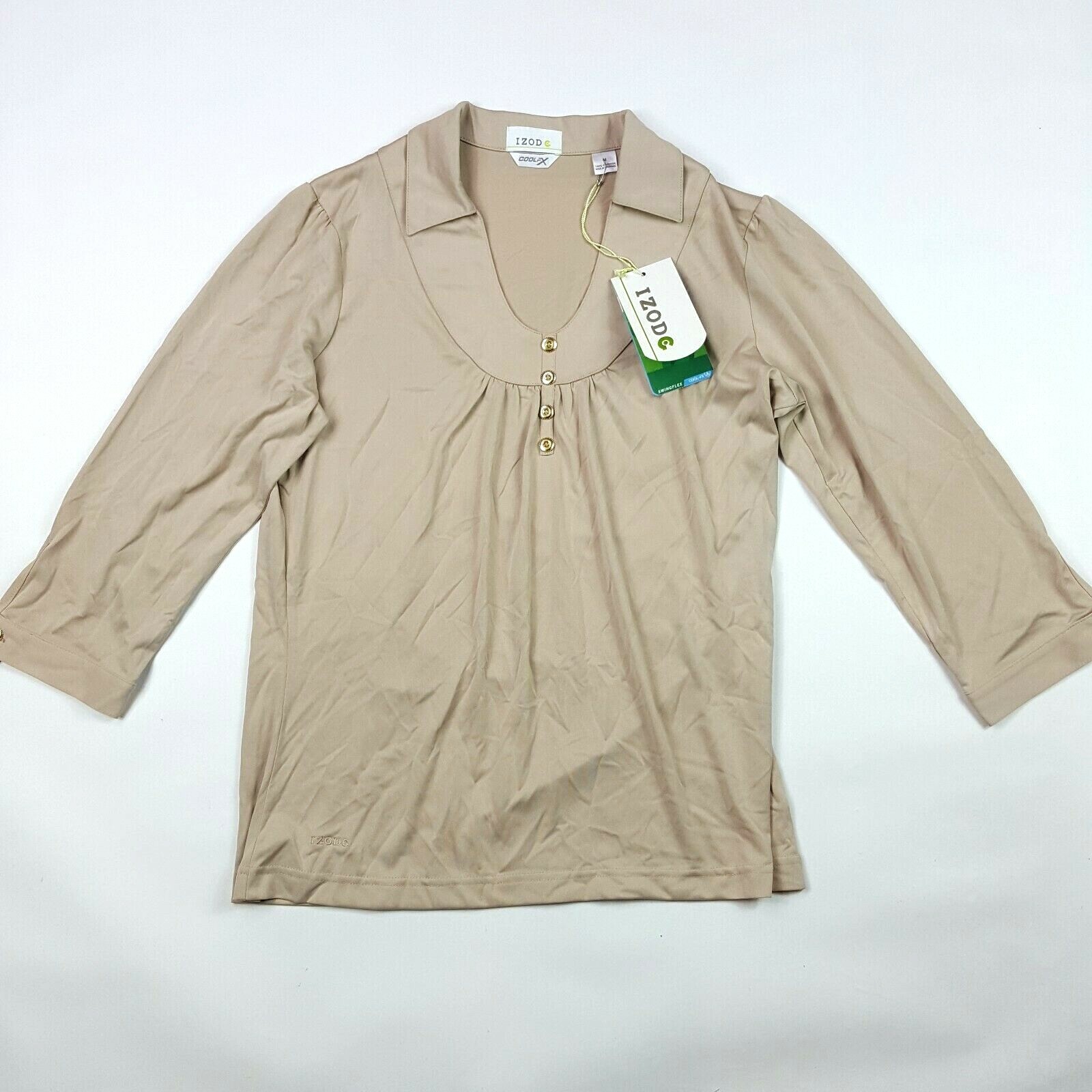 IZOD Golf Women’s Size M Stretch Pleated Athletic Beige Tennis Polo Shirt