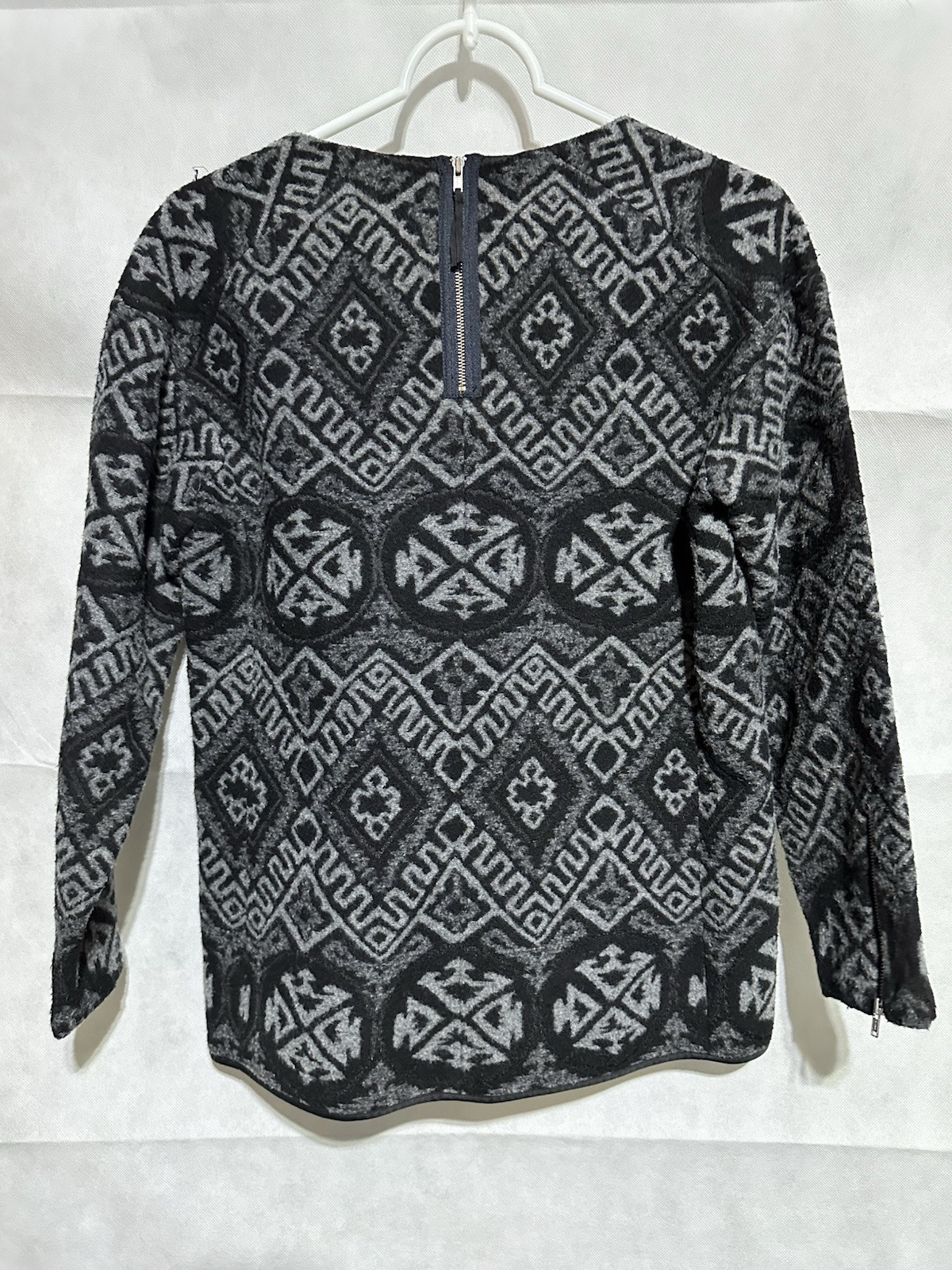 Rebecca Taylor Wool Blend Black Gray Zip Top Sweater Aztec Southwest Argyle Sz 2